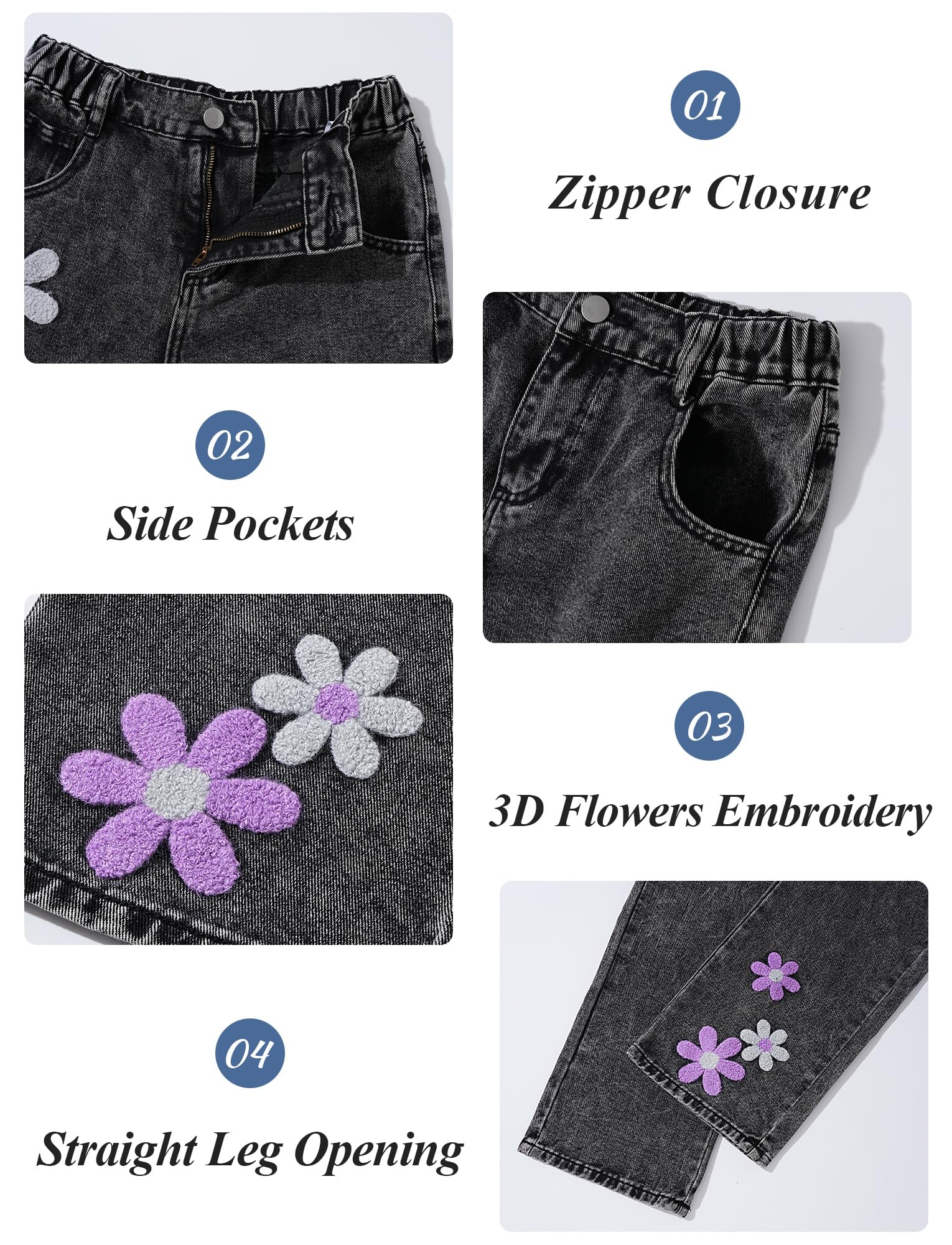Happy Cherry Jeans Fille Jambe Large avec Florale Broderie Baggy Denim Pantalon Élastique Taille pour Enfants 7-14 Ans