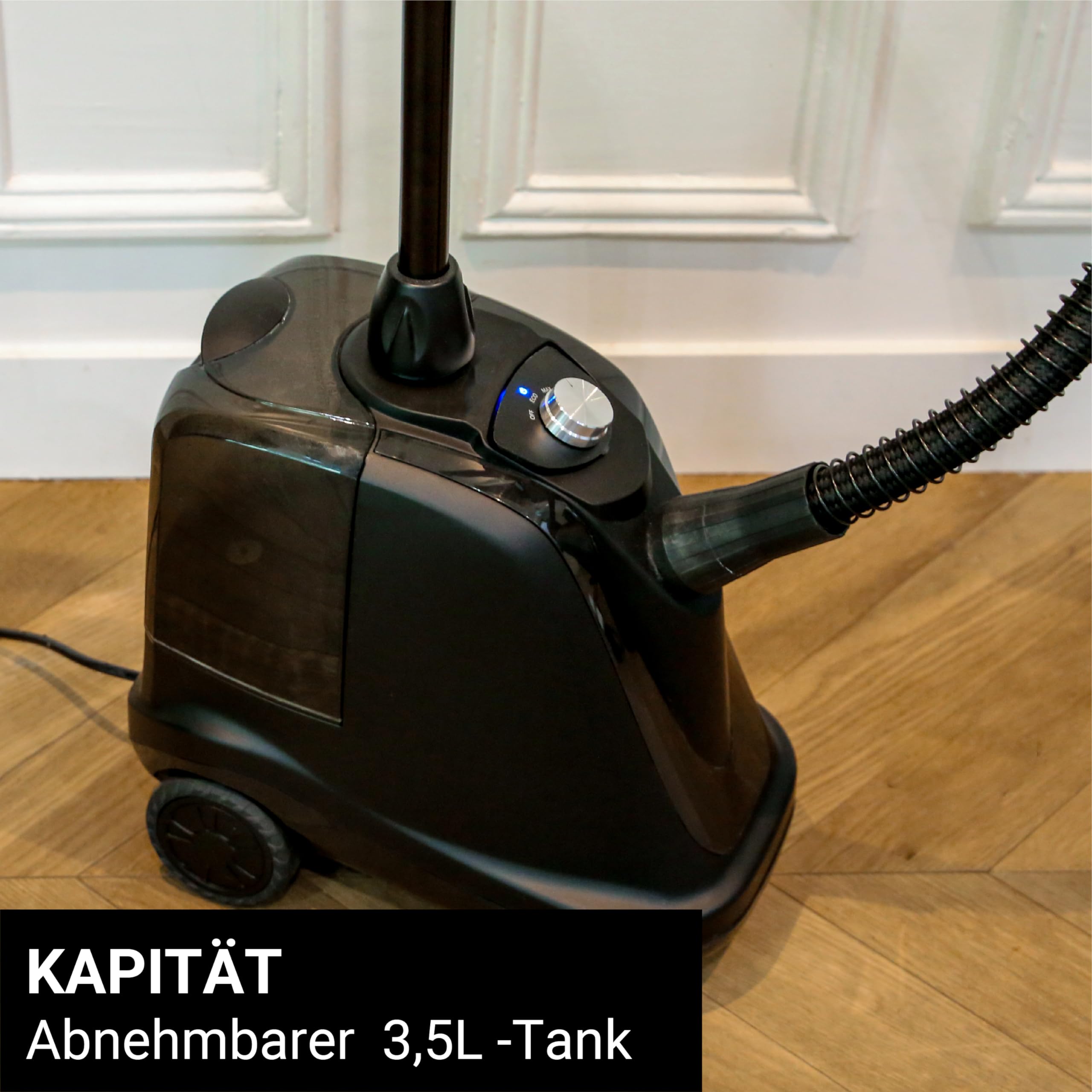 SteamOne Vertikaler Steamer Dampfglätter Schwarz 2000W - 3,5L Profi | Vertikaler Profi-Steamer, 2000W, 3,5L Tank, 90min Laufzeit, 4 Räder, Kleiderbügel für 10 Kleidungsstücke, T2000B