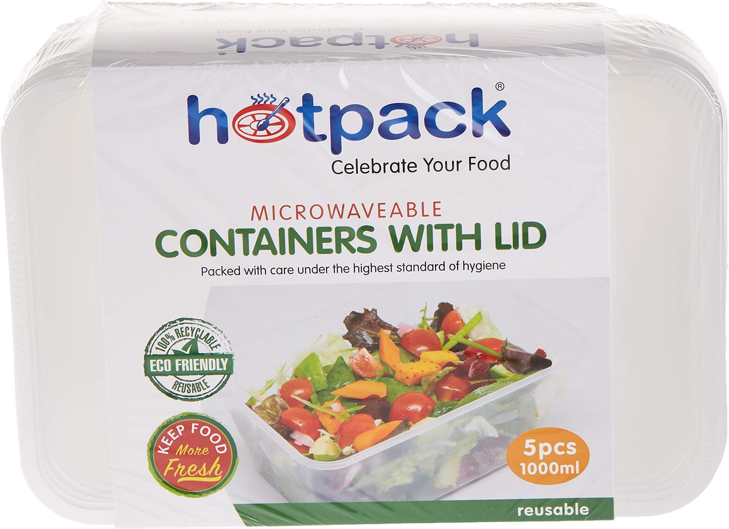 Hotpack Disposable Food Storage, Food Packaging, Rectangular Microwaveable Container 1000ml, 5 Pieces