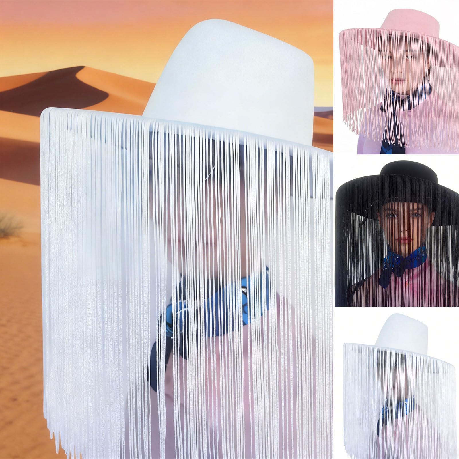 Sombrero occidental con flecos, diseño de color blanco, elegante sombrero para festivales al aire libre, sombreros de vaquera con