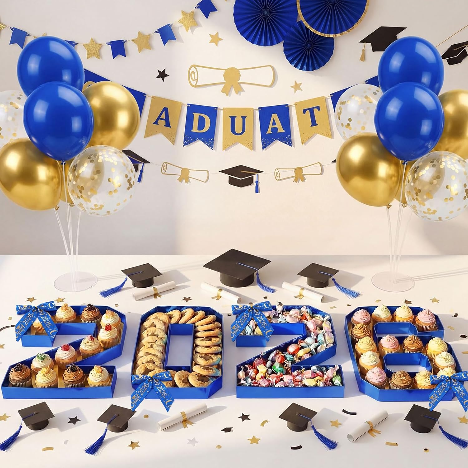 2026 Grad Cardboard Letters Numbers for Charcuterie, 10 Inch Graduation Party Decoration Set Fillable Letter Food Tray G R A D Letters Reusable Box Balloon for Graduation Party(Blue,2026)