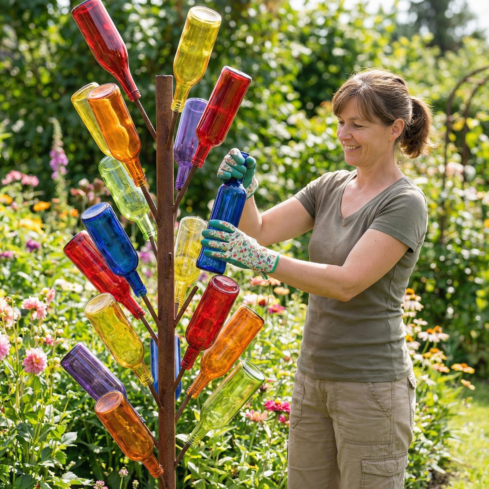 Zhehao 12 farbige Glasflaschen, bunte leere Weinflaschen, dekorative Glasflasche für Flasche, Baum, Garten, Hof, Outdoor, Heimdekoration (dunkles Regenbogenfarben, zylindrisch)