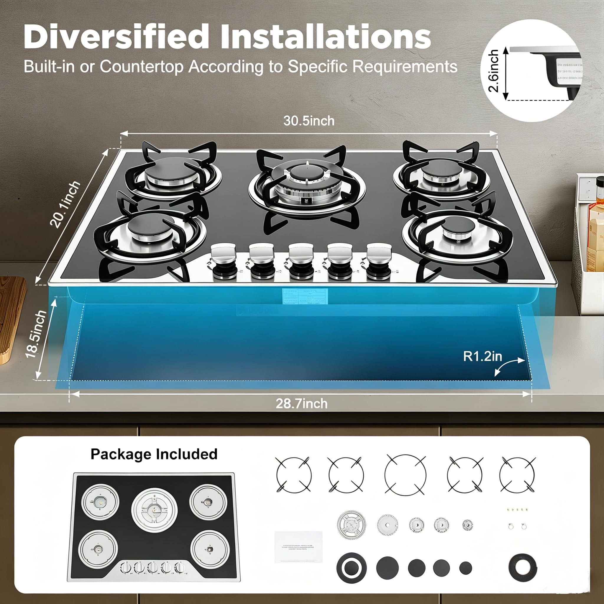 Plaque de cuisson gaz, Table de cuisson gaz 5 feux, Gas cooktop 5 burners, plaque gaz encastrable verre 7mm allumage électronique réglage flamme 180 degrés cuisine maison restaurant domestique