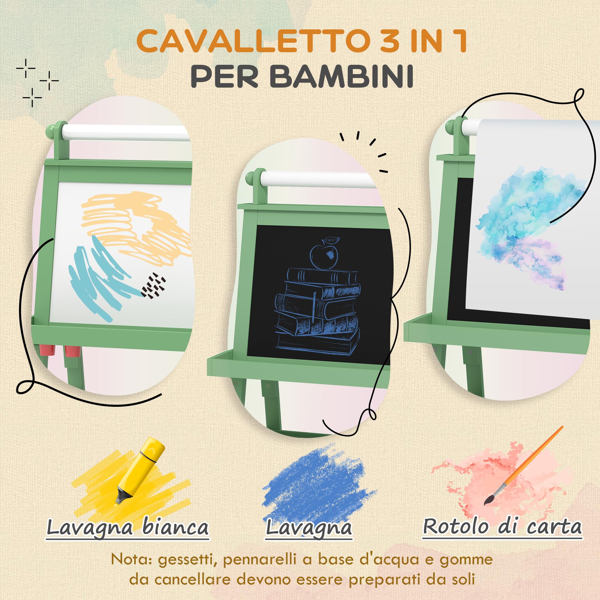 AIYAPLAY Lavagna cavalletto per bambini 3 in 1 lavagna double face bambino con pannello bianco e nero magnetico - rotolo di carta + 2 cestini portaoggetti integrati - 3-6 anni in legno verde