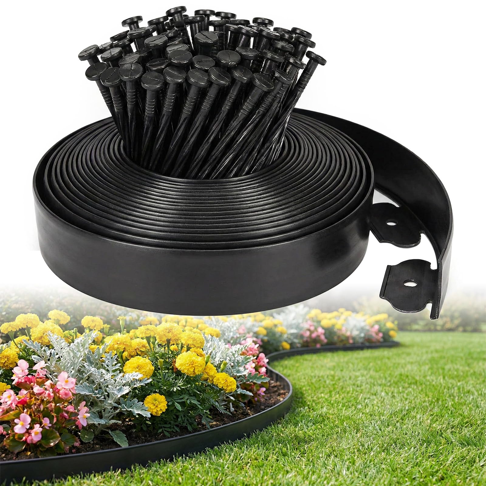 Photo 1 of Garden Edging Kit, 33FT x 2IN Plastic Landscape Edging, Flexible No-Dig Lawn Border with 45 Stakes for Garden Flower Beds Lawn Yard Paver Pathway (Black)
