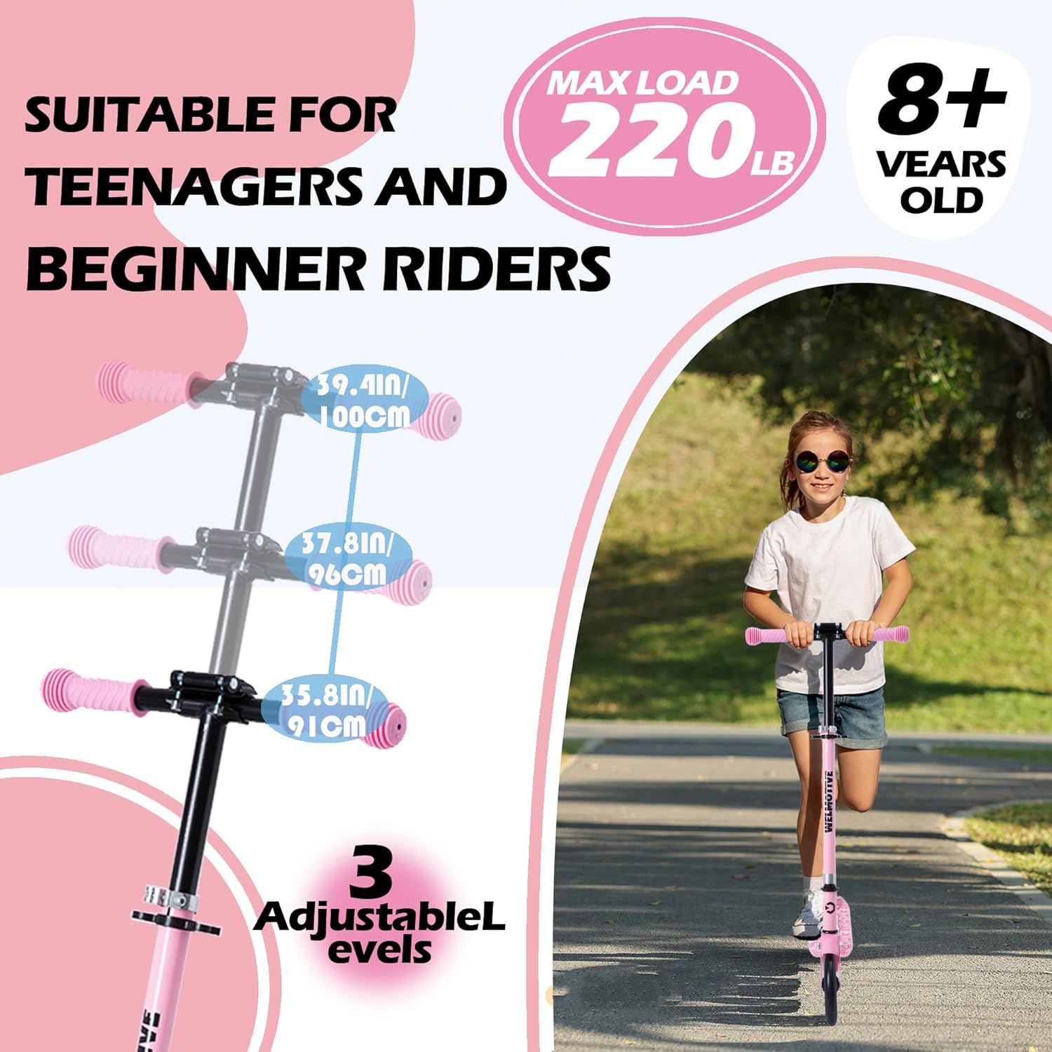 Kick Scooter for Kids Ages 6+, Teens & Adults, Adjustable Handlebars, Rear Brake, Big Wheel Foldable Scooter for Indoor & Outdoor - Image 2