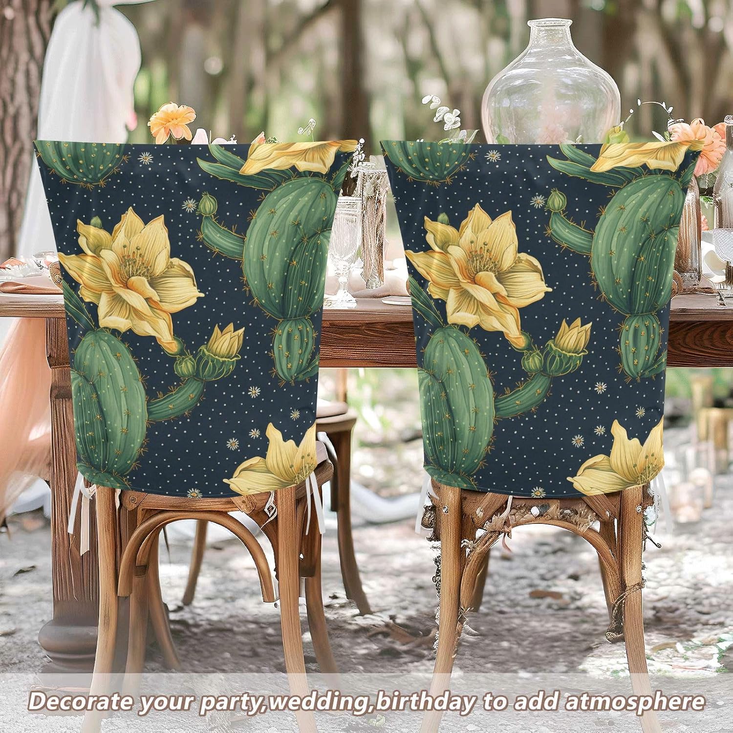 ALAZA Cactuses Flowers Dots Navy Chair Back Cover Set of 6, Washable Reusable Removable Chair Slipcovers Decorative Chair Cover for Home Kitchen Wedding Party
