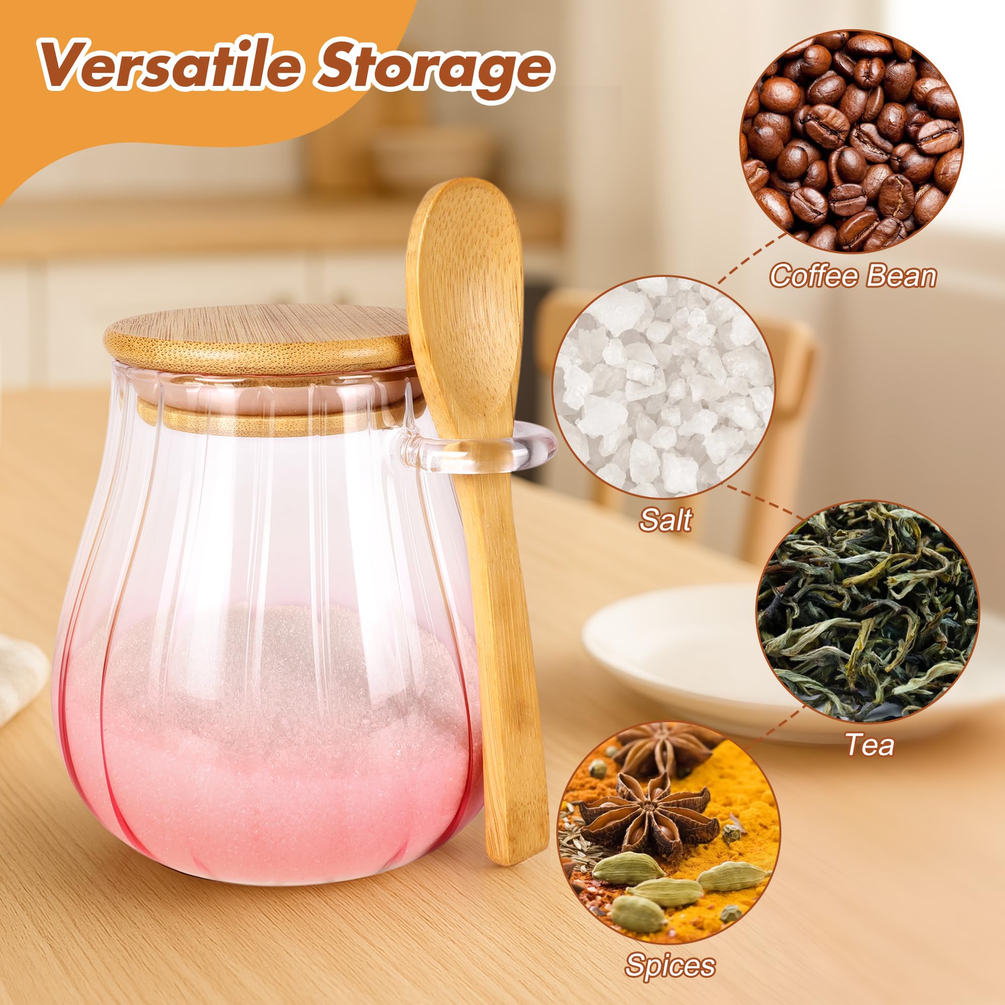 Azucarero rosa de 15 onzas con tapa y cuchara de bambú, decoración y accesorios de cocina rosa, tarro de vidrio con tapa hermética, contenedor de azúcar moreno, contenedor de azúcar para cafetería y 6