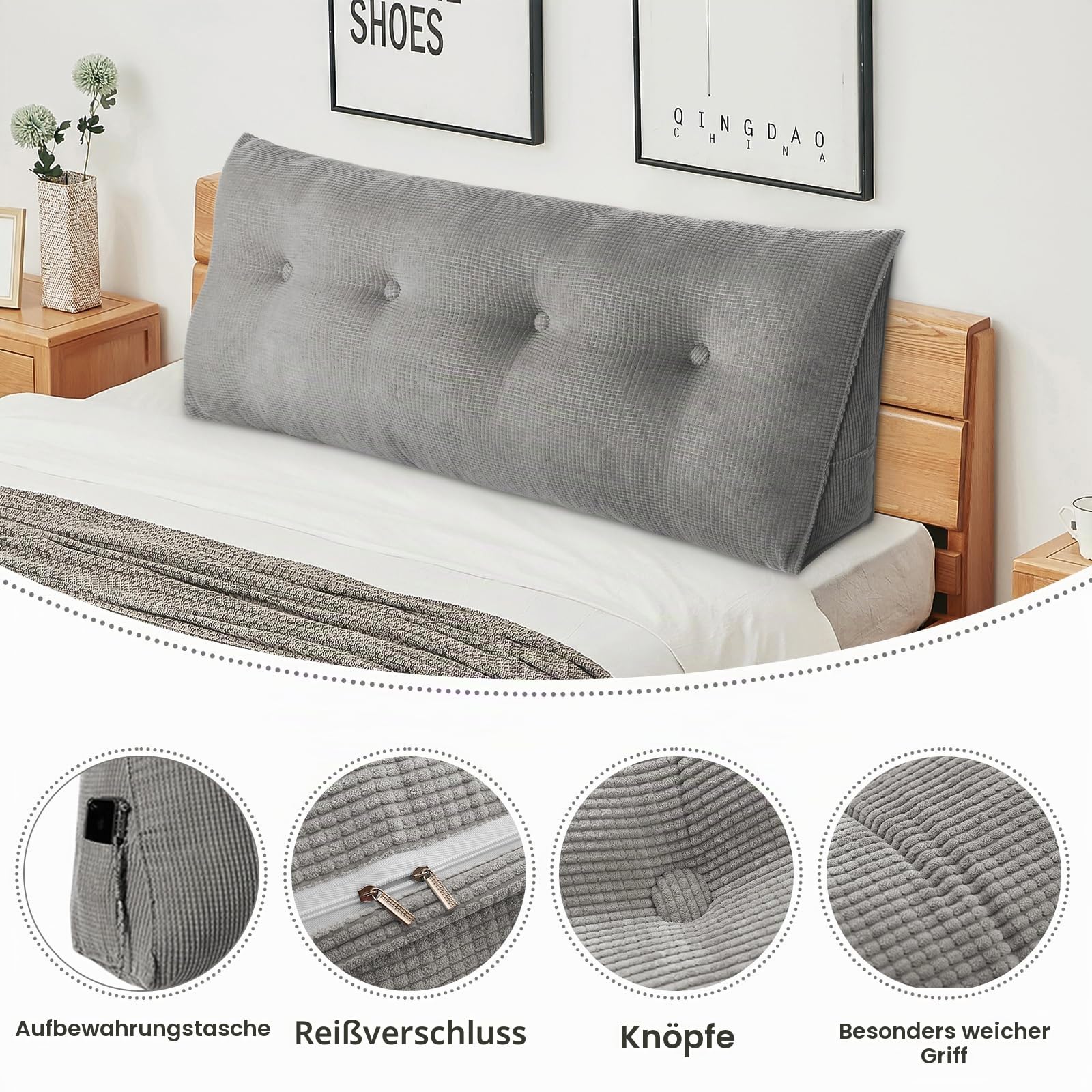 HUOLE Lesekissen, dreieckig, Lendenwirbelstütze, großes Kissen, Keilkissen, gepolstert, multifunktional, für Sofa, einfarbig, Lesekissen, 140 x 50 x 20 cm, Grau