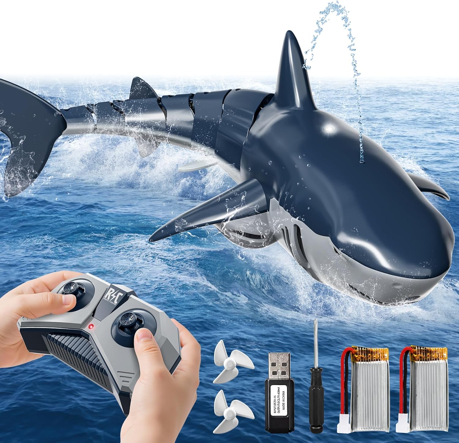 NIPLOOOW 2.4GHz Remote Control Shark Toys for Boys,1:18 Scale High Simulation Shark Toys with Light & Spray, RC Sharks for Pools & Lakes, Toy Shark Boat Gift for 4 5 6 7 8 9 Year Old Kids Boys Girls