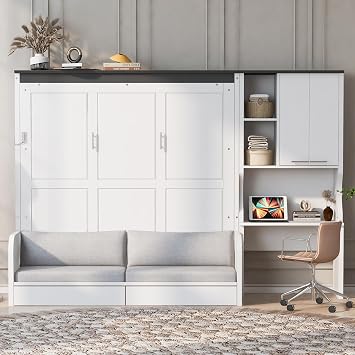 Quarte Queen Murphy Bed with Sofa & Desk White