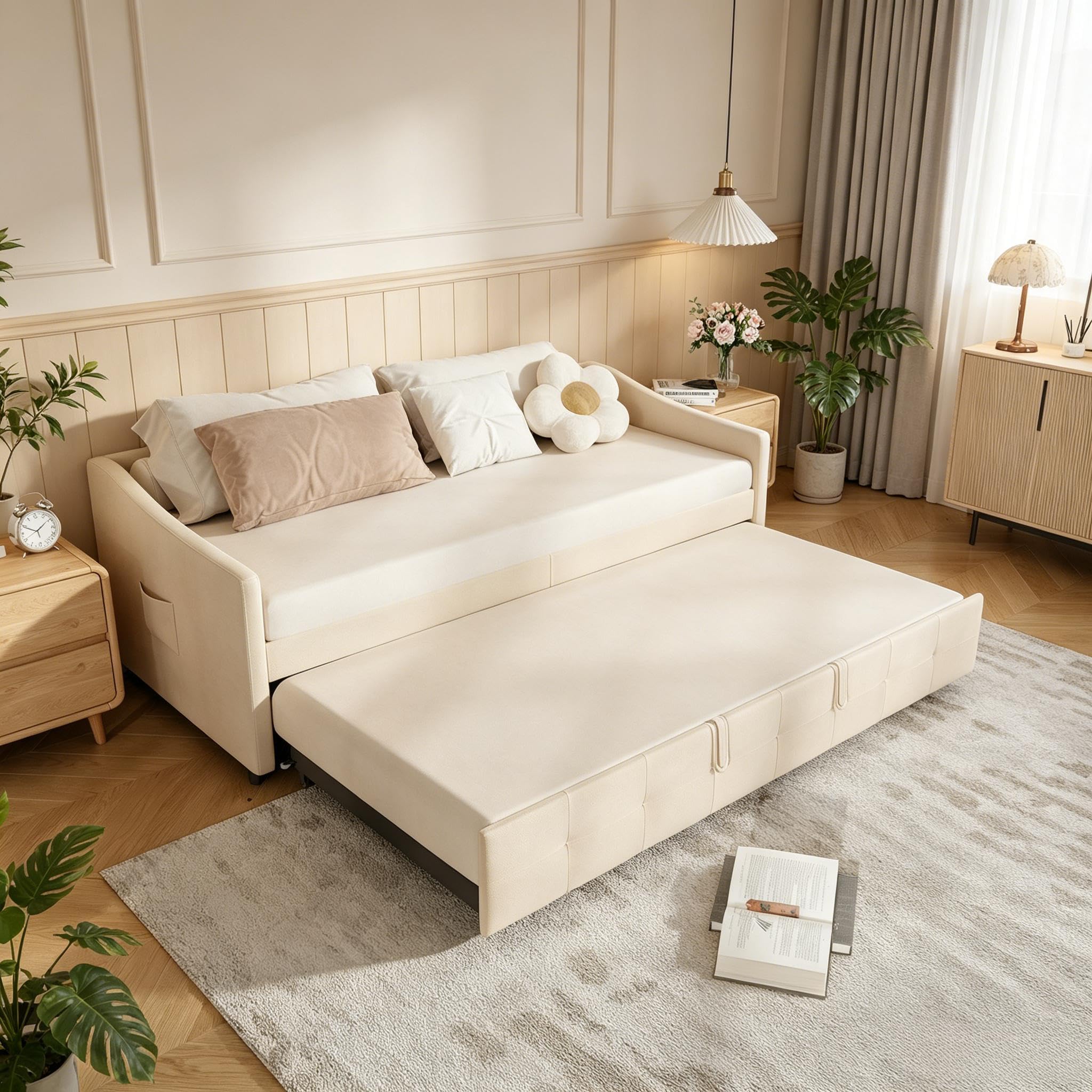 PerGar Sofá cama 90/180 x 200 cm, cama extensible con somier de láminas de madera, sofá cama con cajón, cama nido, cama individual/doble, cama multifunción, franela, sin colchón (color crema)