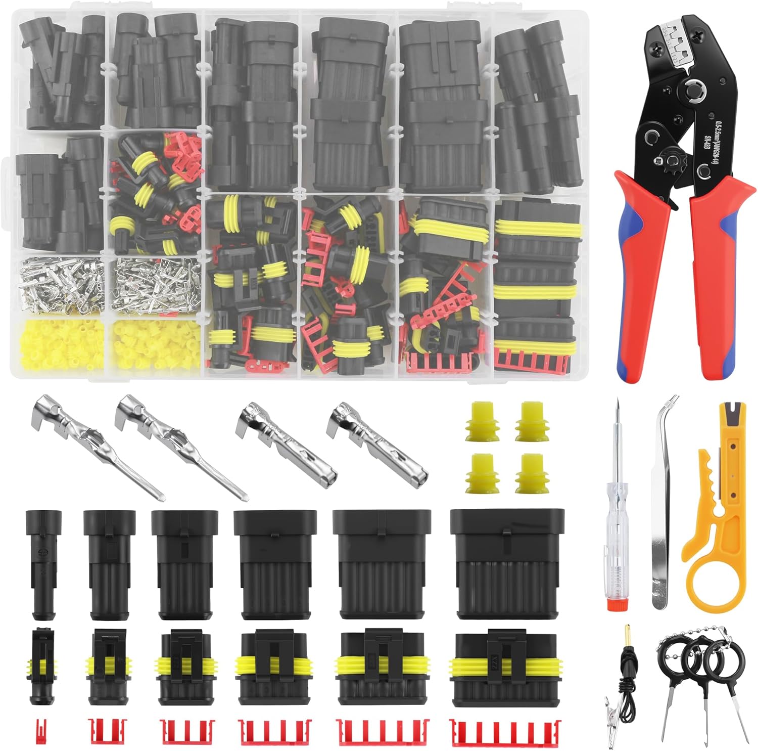 Wiring Tool Kit 808Pcs Waterproof Wire Connectors, 50 Sets Automotive Electrical Connectors Plug Kit 1 to 6Pin with Ratchet Crimping Tool, Fit 16-22 AWG Wire for Car,Truck,Motorcycle,Boat,Marine