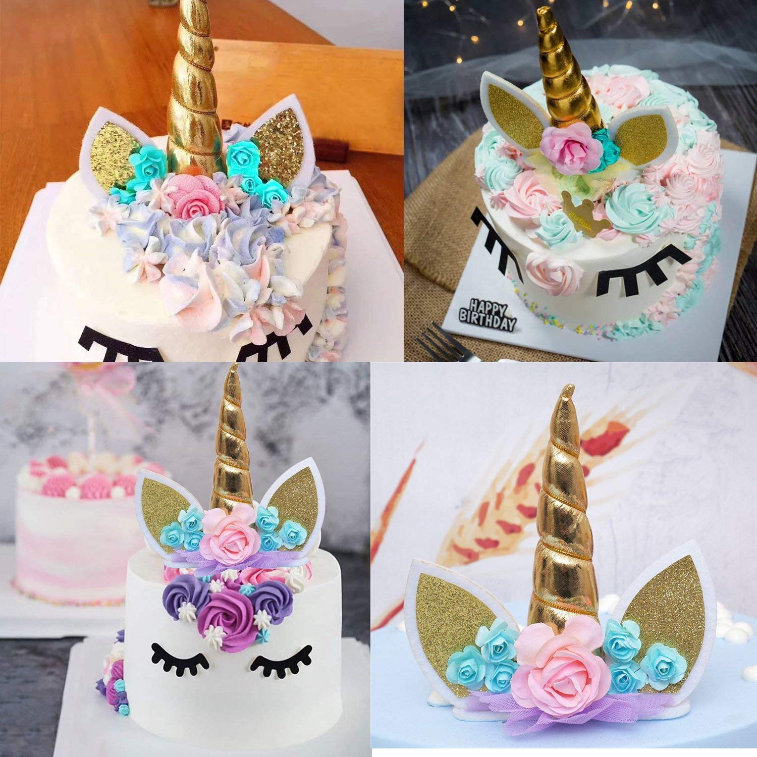 Unicorn Cake Topper with Eyelashes and 24 Pieces Double Sided Unicorn Cupcake Toppers set for Birthday Party Supplies, Wedding, Baby Shower