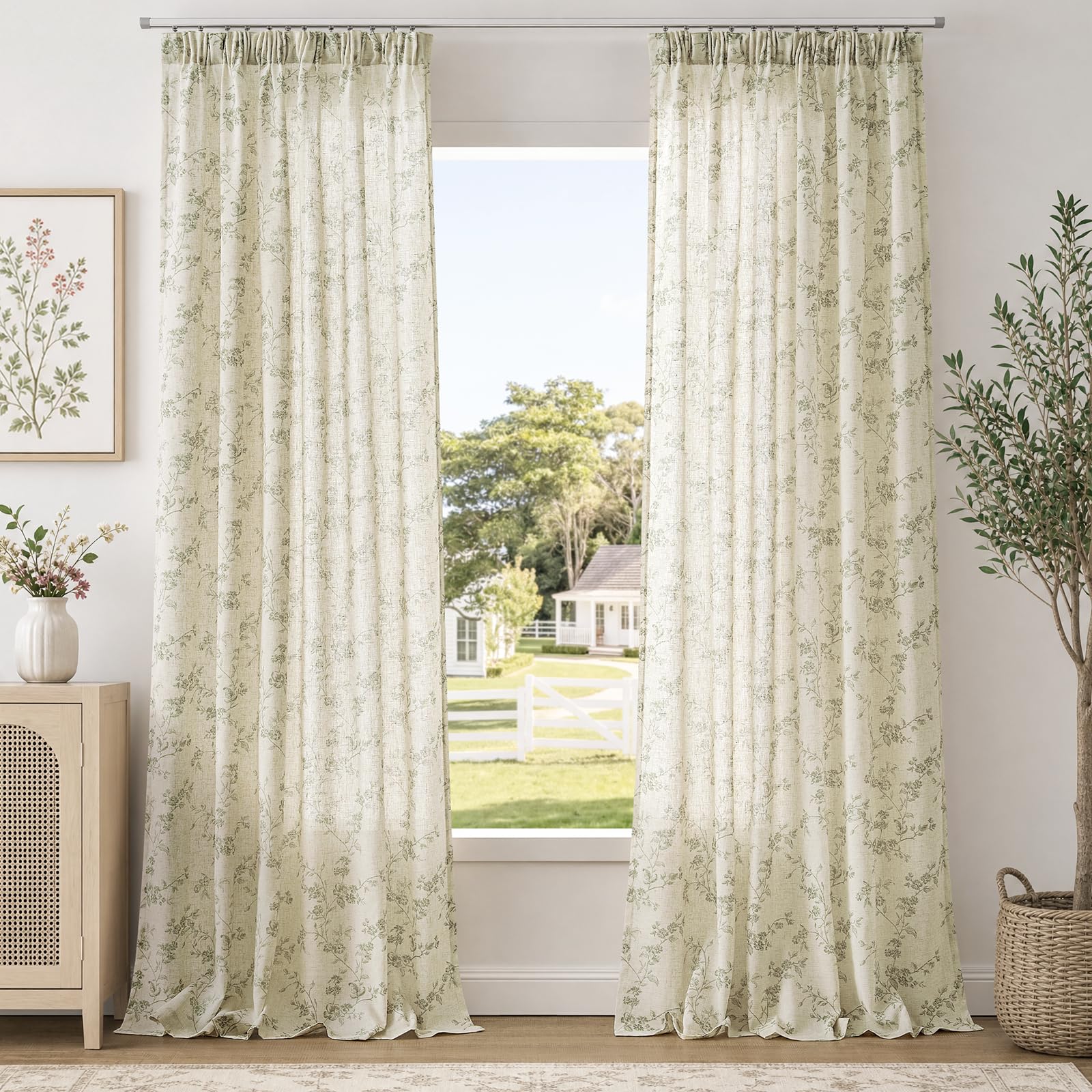TOPICK Tende interni traslucide verde 2 pezzi 140Lx260A cm effetto lino | Traslucide, compatibili binari, adatte soggiorno e camera da letto, moderne, lavabili, decorazione rustico