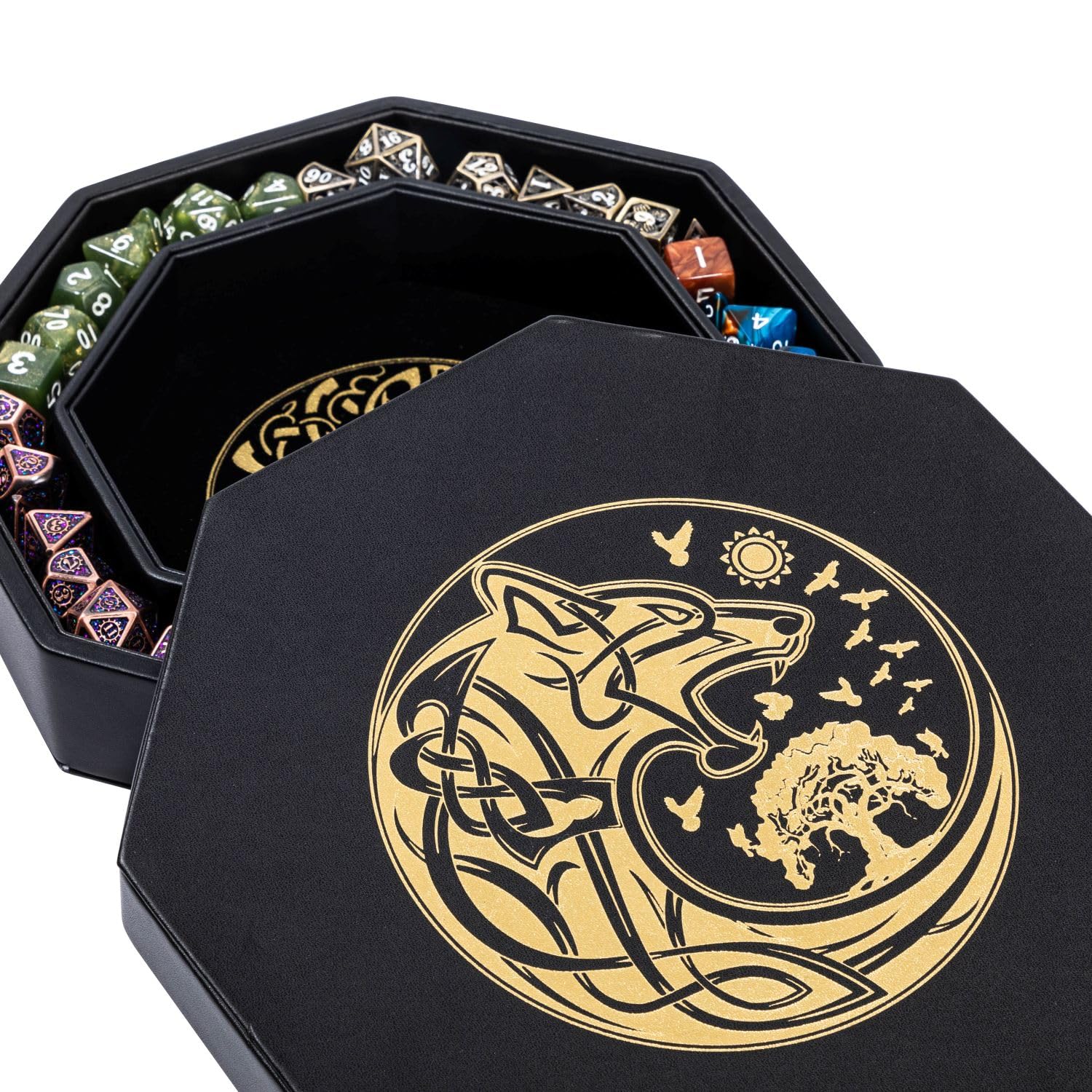 DND Dice Tray - Premium 8 Inch Tray for Dungeons and Dragons: Exquisitely Detailed Gold World Tree & Wolf Raven Design - Perfect Rolling & Box Storage to Protect Your Dice for D&D and RPG
