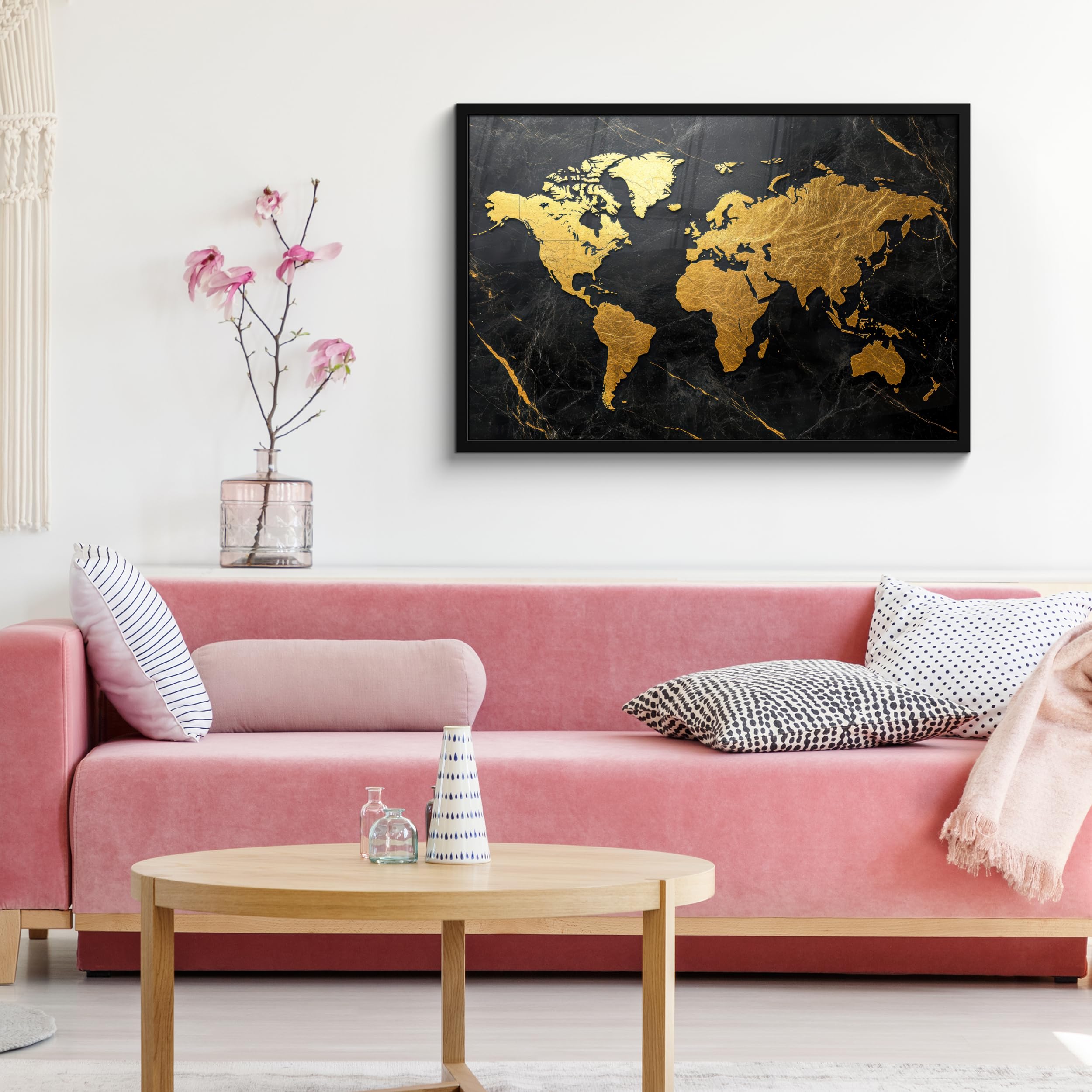 MuchoWow© Cuadros Con Marco 90x60 cm Decorativa Grandes Dimensiones Pequeños Salones Quarto Tripticos Oficina Wall Pasillo Dormitorio Mapamundi - Oro - Mármol