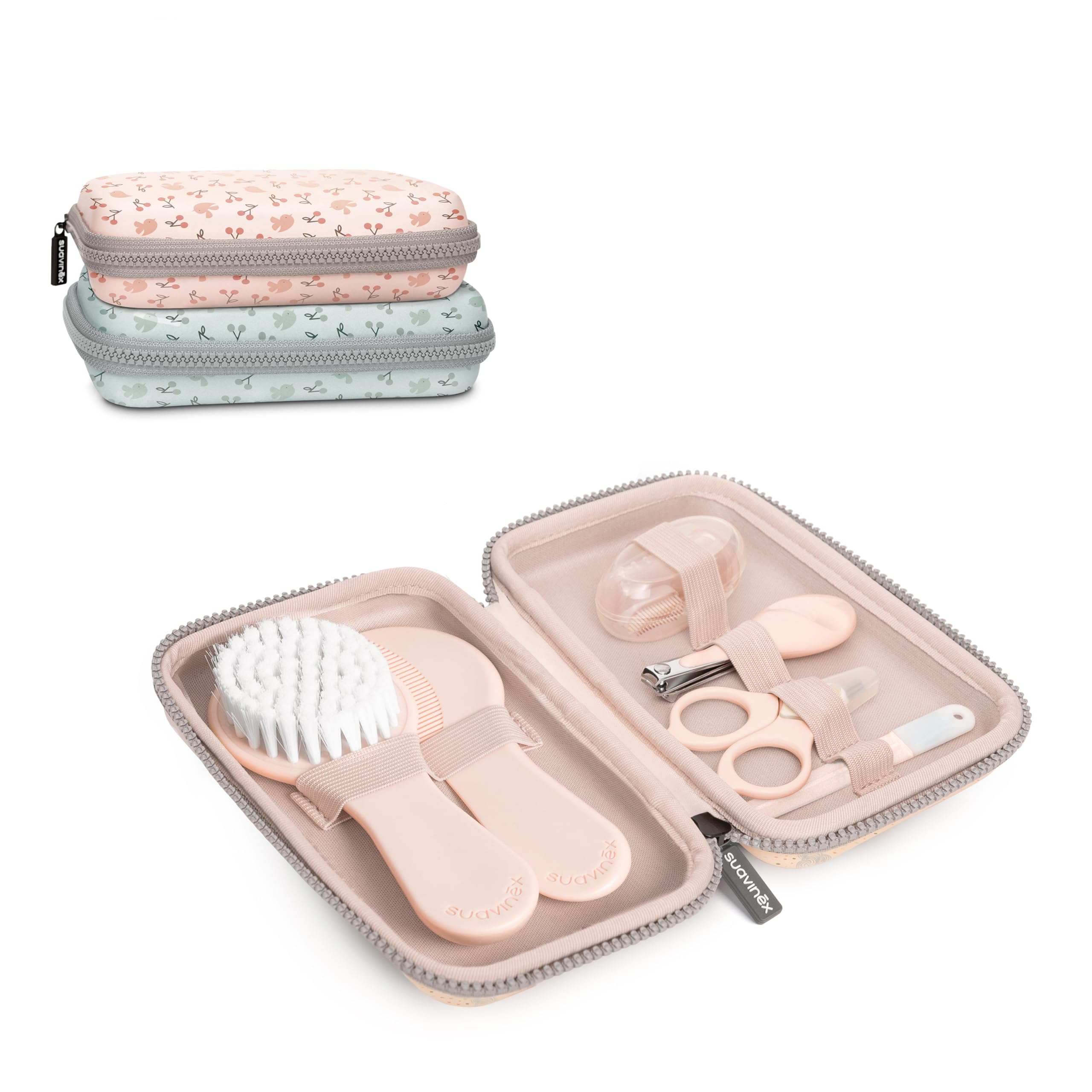 Suavinex, Baby Care Kit Complete And Portable Baby Manicure Set Contains: Brush And Comb + Finger Toothbrush + Scissors + File + Nail Clipper, 6 Pieces, Pink