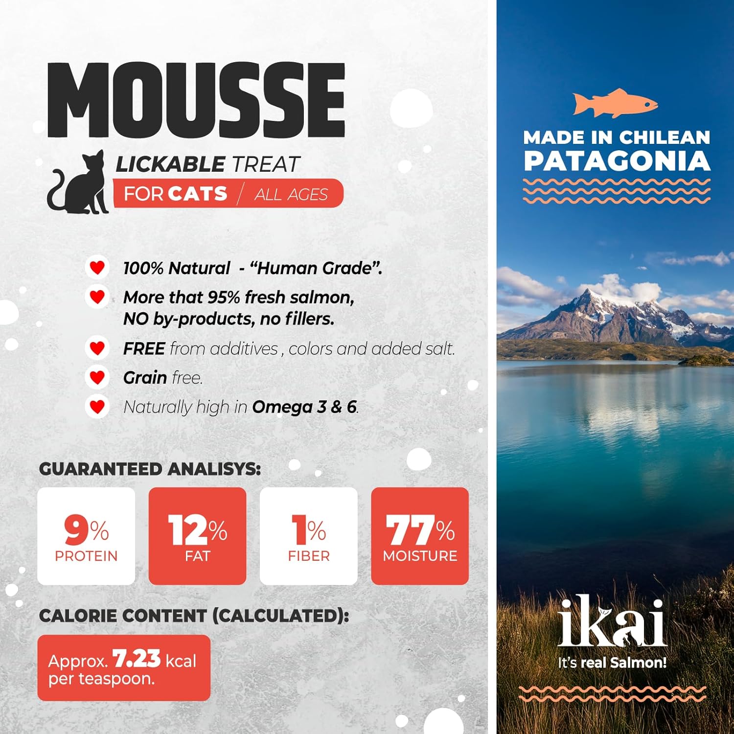 IKAI - Lickable Wet Cat Treats - Patagonian Salmon from Chile, No By-Products, Highly Digestible Protein, with Omega 3 & 6 for Healthy Skin & Glossy Coat - 2.11 oz (16 Pack, Salmon & Crab)