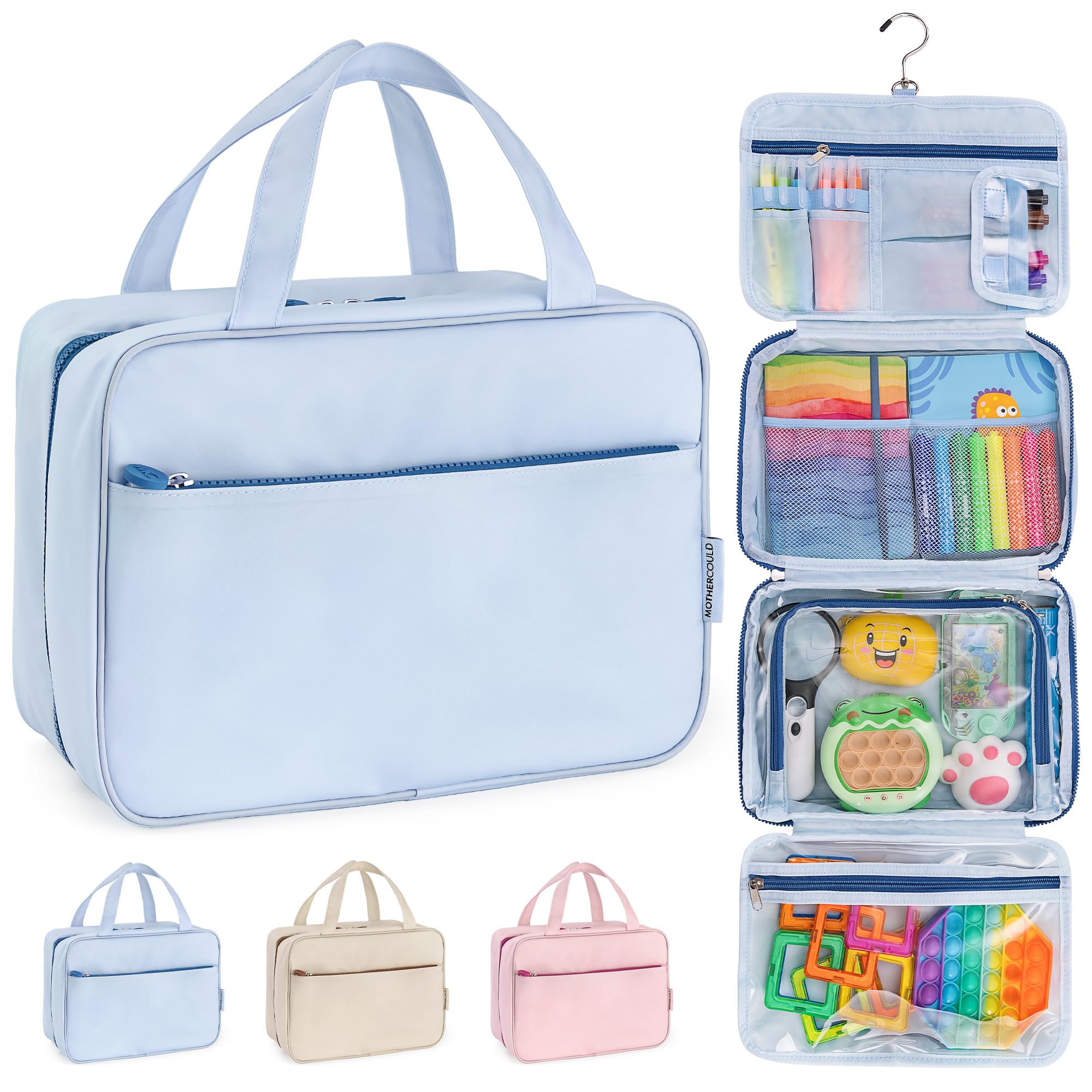 Kids Travel Organizer – Multi-Compartment, Water-Resistant Hanging Bag for Toys, Snacks, & Activities - Compact, Lightweight Design with Hook & Carry