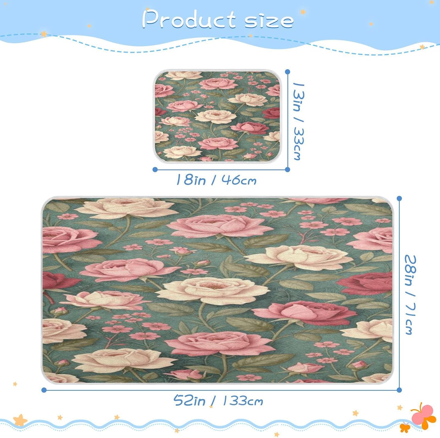 Cooling Baby Mattress pad Cover 28" x 52" Reusable Bohemian Roses Vintage Flowers Pads for Bed Washable for Kids, Adult