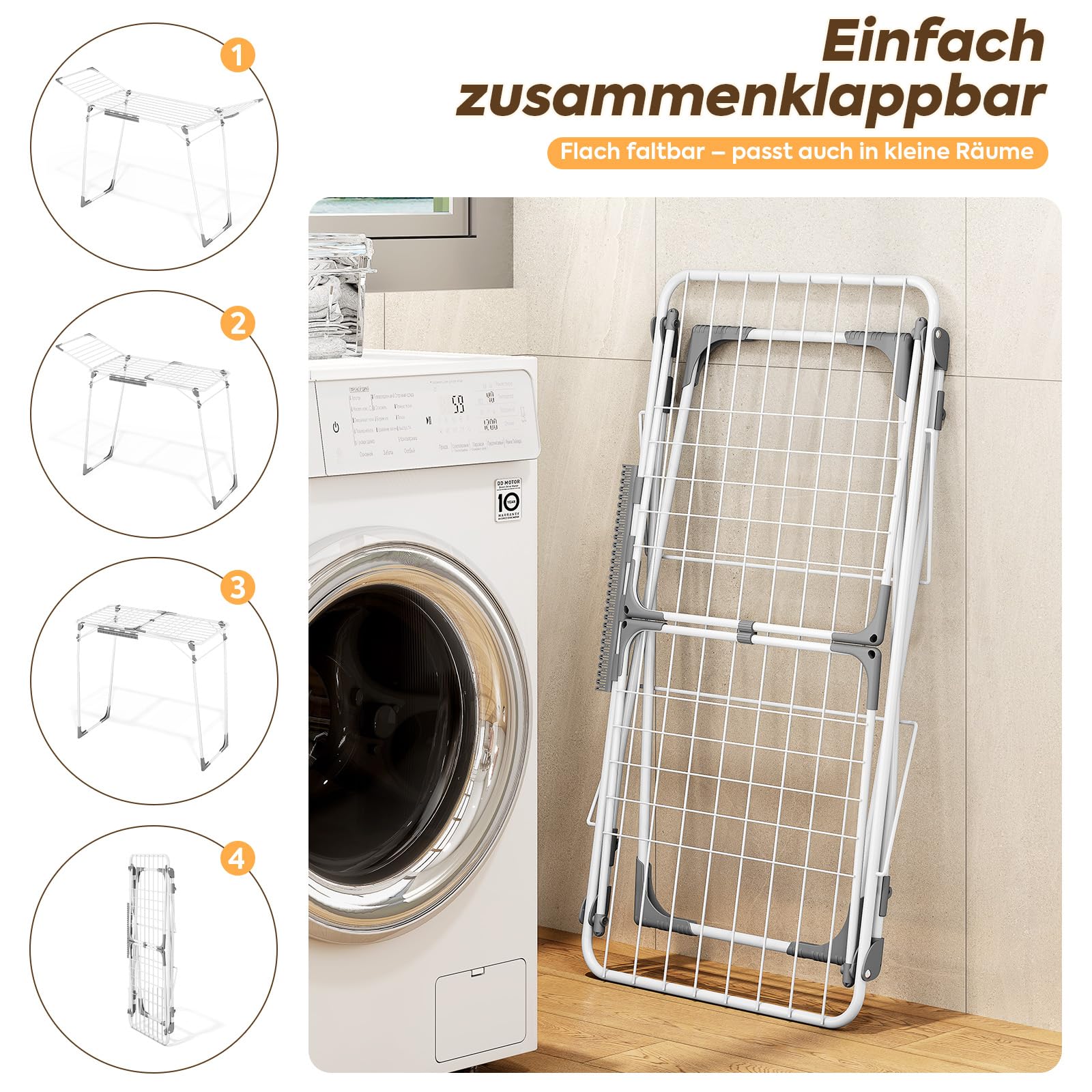 KINGBOARD Wäscheständer klappbar groß, Flügelwäscheständer ausziehbar 174x97x156 cm, Stabiler Wäschetrockner Ständer mit rutschfesten Füßen, Standtrockner faltbar für Innen und Außen, Weiß