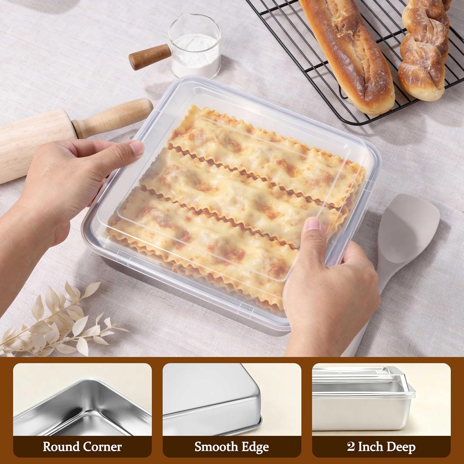 LIANYU 9 x 9’’ Baking Pan with Lid, 9 Inch Square Cake Pan for Lasagna Brownie, Stainless Steel Commercial Deep Baking Dish Set, Oven & Dishwasher Safe Sheet Bakeware (1 Pan +1 Lid)