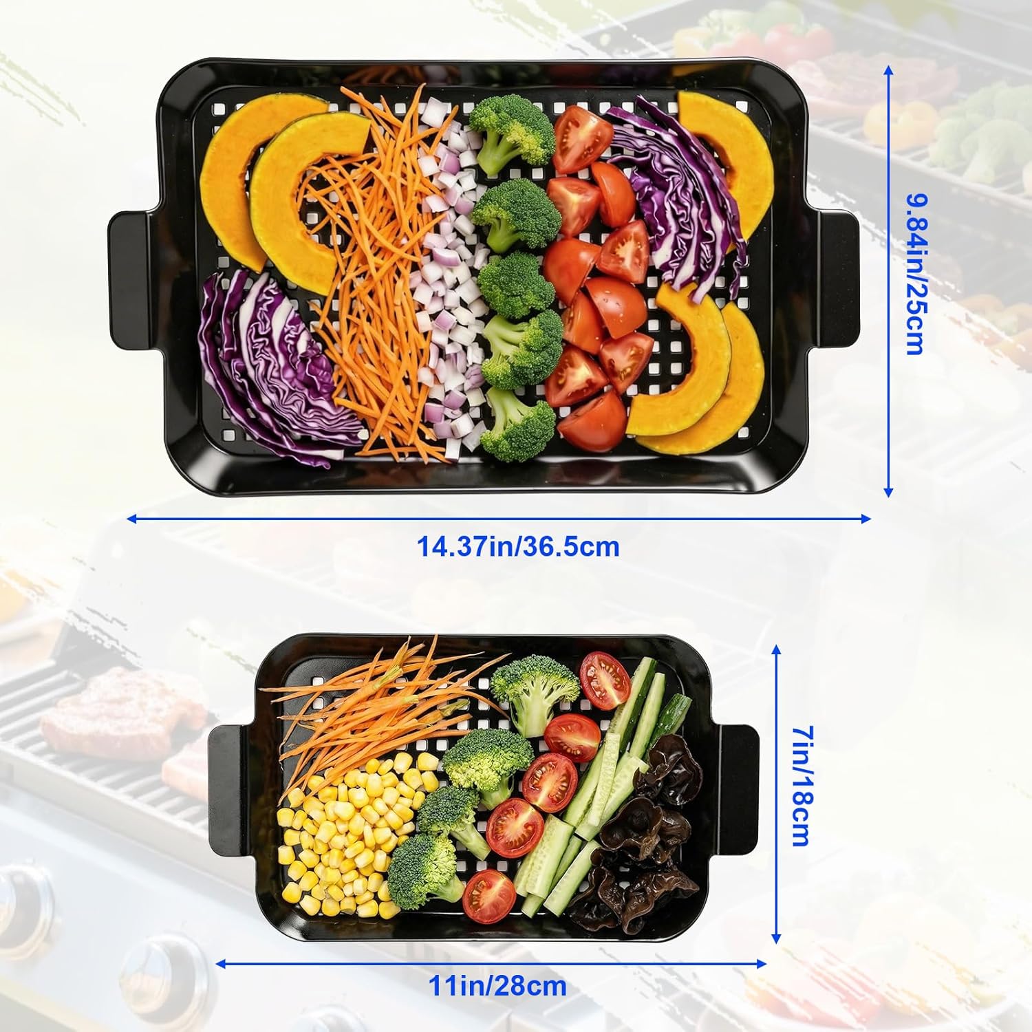 2PCS Grill Pan - Non-Stick Enamel Coating Grill Topper for Outdoor Grillling, Grill Trays with Holes for Vegetable, Fish, Meat, Seafood, Large and Small (14.37"x9.84" and 11" x 7")
