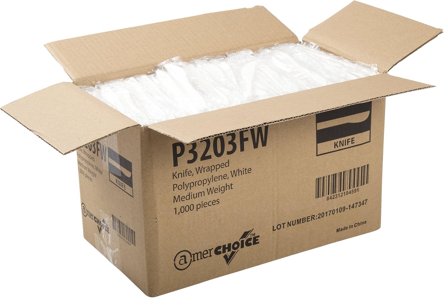 AmerCare Medium Weight Individually Wrapped Disposable White Knives Case of 1000