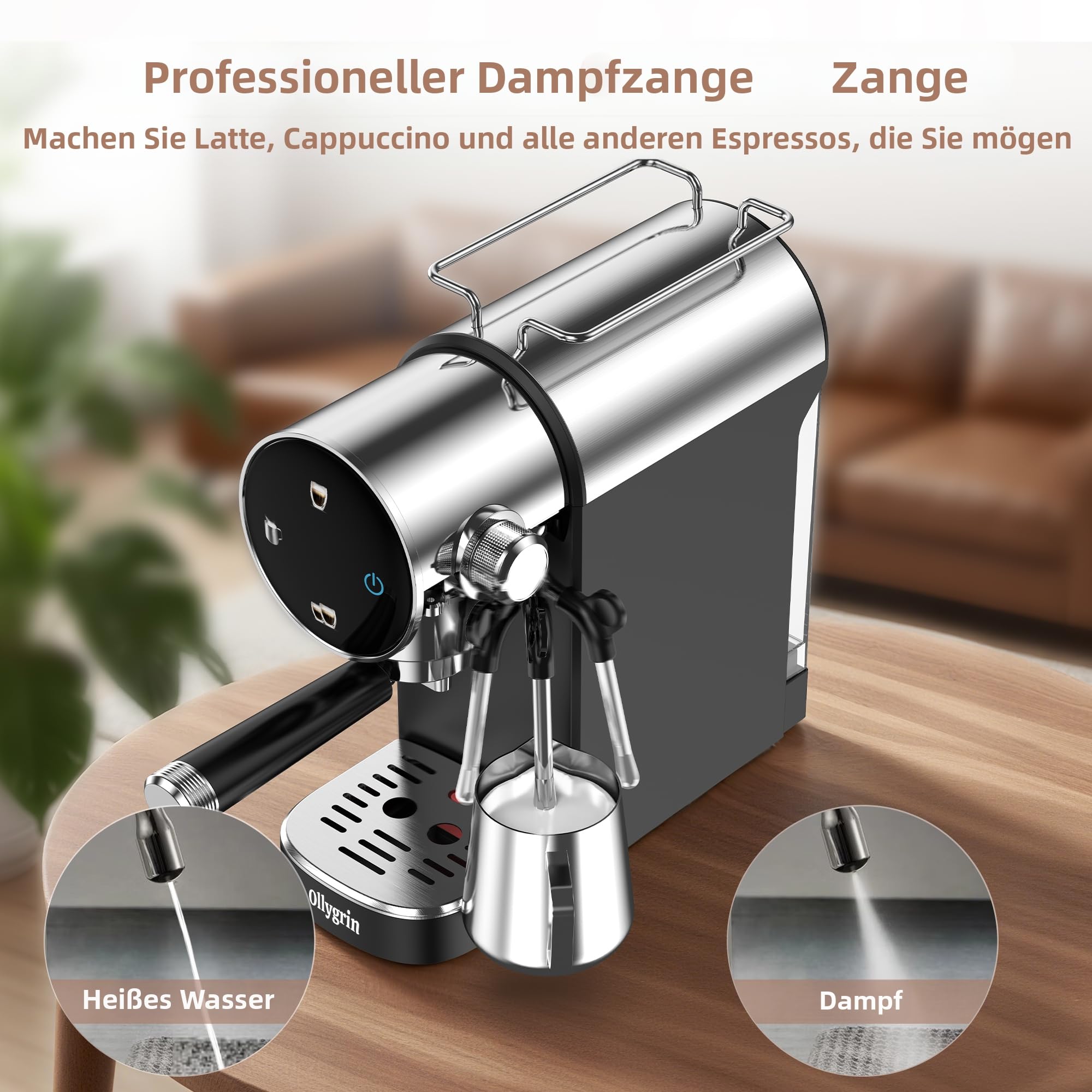 Ollygrin 20 Bar Espressomaschine mit Milchaufschäumer - Für Einzel- und Doppelshots, mit entnehmbarem Wassertank, Vorinfusion für cremigen Genuss - Ideal für Haushalt und Büro