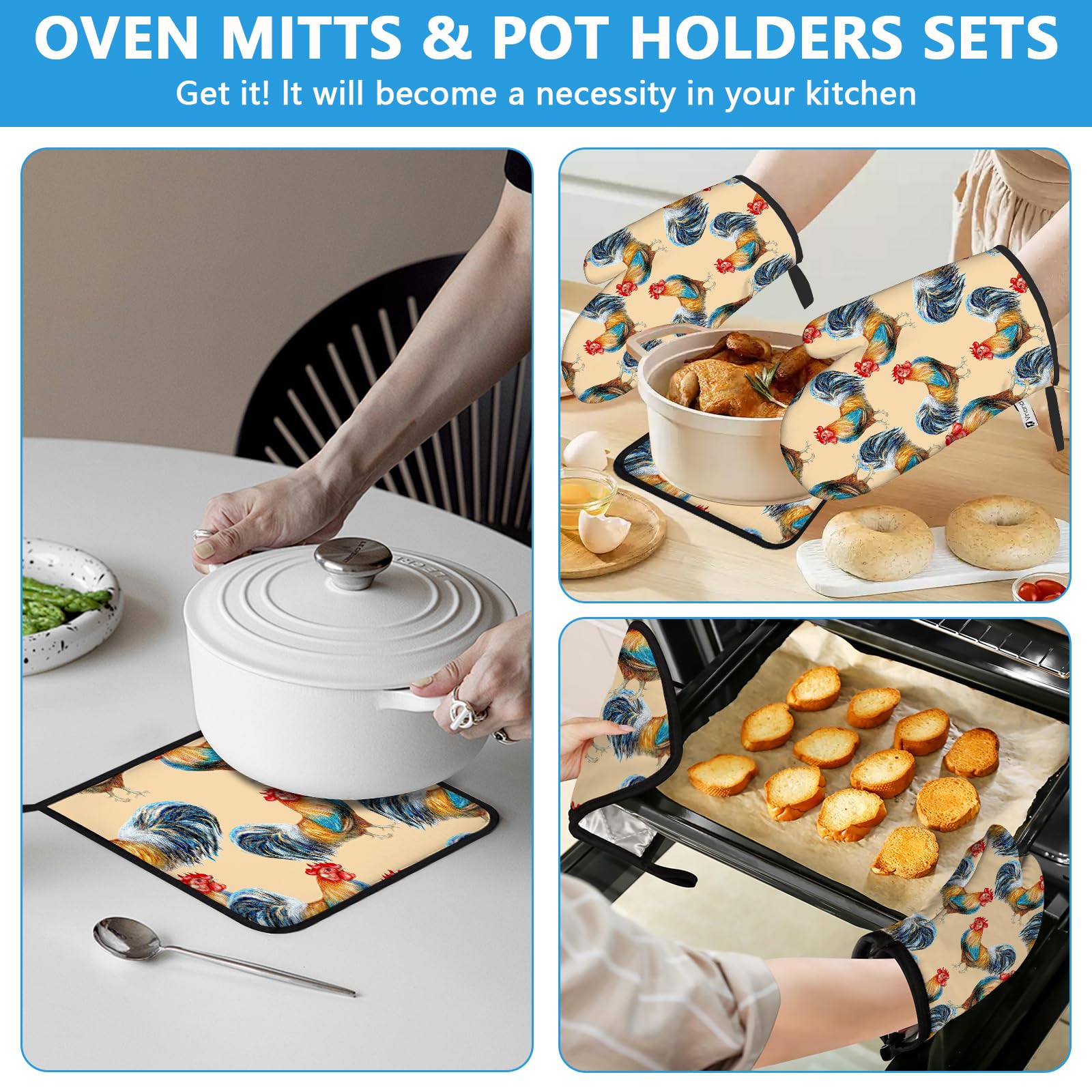 Set di 4 presine resistenti al calore, guanti da forno a forma di gallo, resistenti al calore, per cucina, cottura al forno, grigliate, barbecue