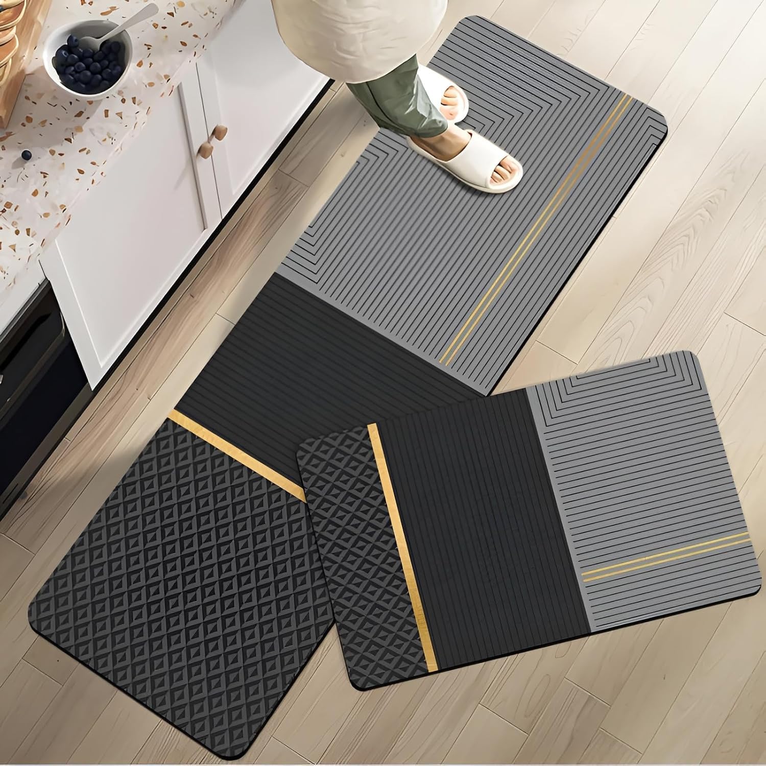 Anti Fatigue Kitchen Rug Sets 2 Piece Non Slip Kitchen Mats for Floor Cushioned Kitchen Rugs and Mats Waterproof Comfort Standing Mat Runner Rug Carpets for Kitchen Floor, Sink