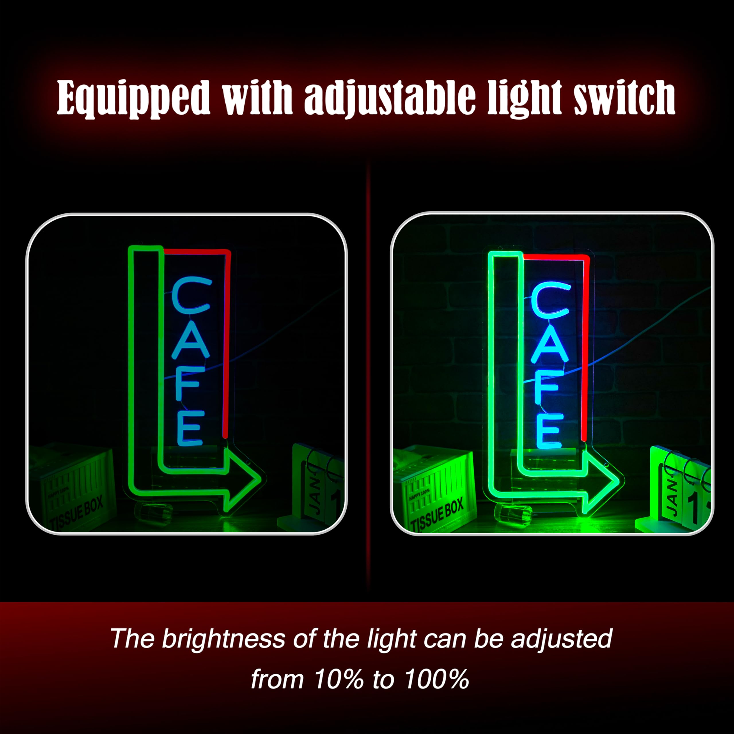 LIUOZHTEA Cafe Neon Sign – 16.14" X 8.46" Dimmable USB Green Arrow LED Light For Coffee Shop & Wall Decor