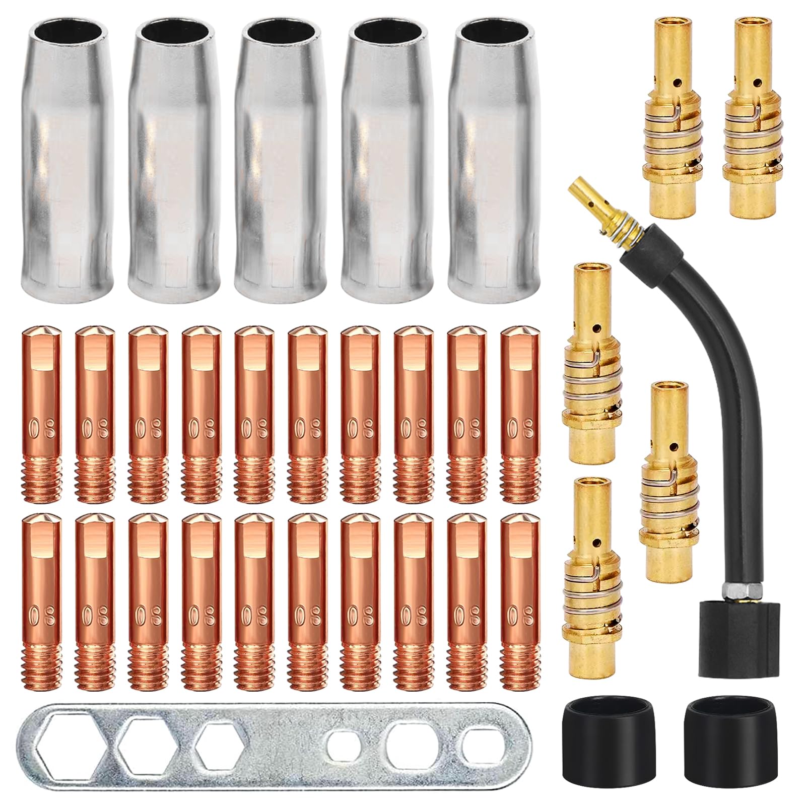 MIG/MAG Accessori, 34 Pezzi Accessori per Saldature, Set Di Materiali Di Consumo Saldatori, Accessori per Saldatrice, Ugello, Punta Guidafilo M6 0,8mm, Diffusoree, Isolator, Strumento