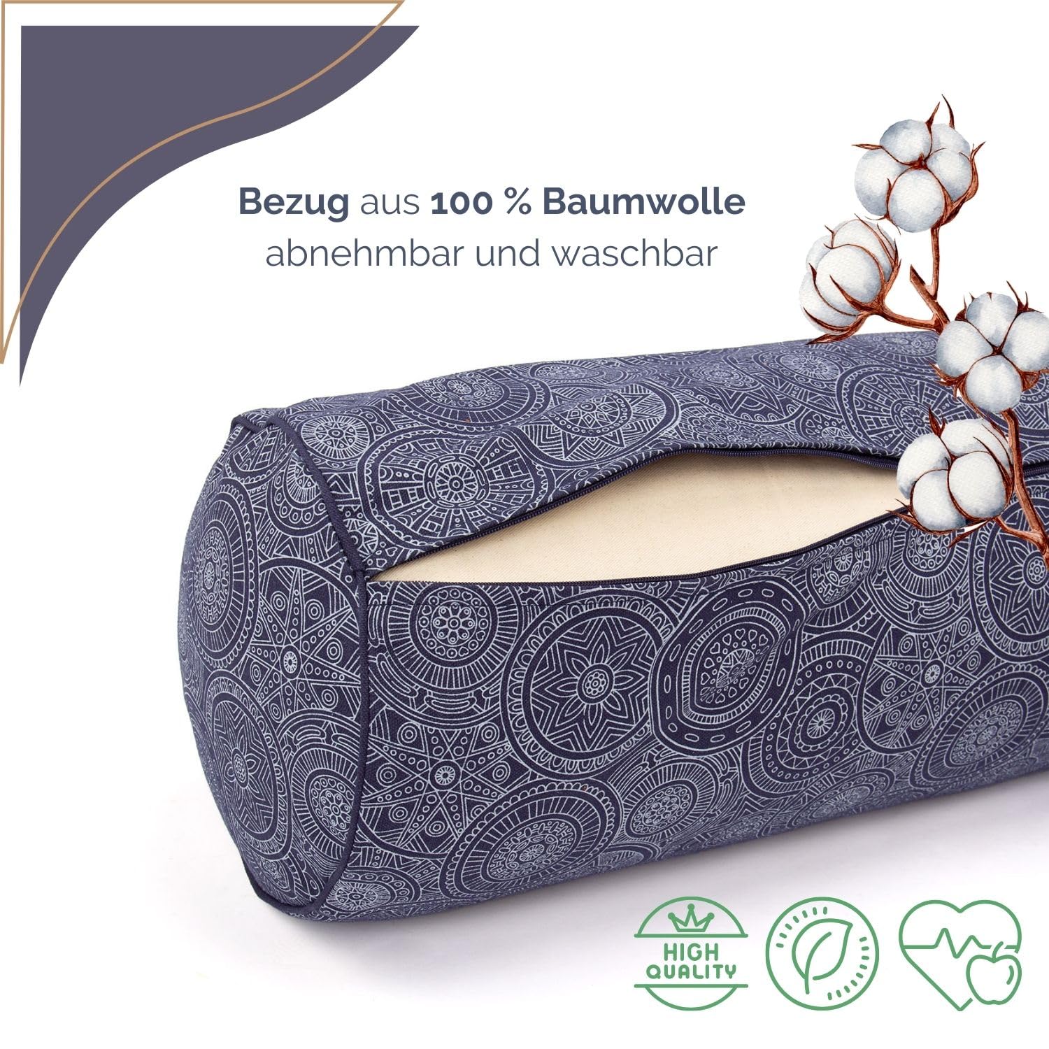 Bodhi Cuscino Bolster per Yoga Ø 23 cm | Maharaja Collection | Rivestimento Rimovibile e Lavabile in 100% Cotone | Rullino Yoga con Imbottitura di Farro Bio | Cuscino Yoga per Yoga Restaurativo & Yin