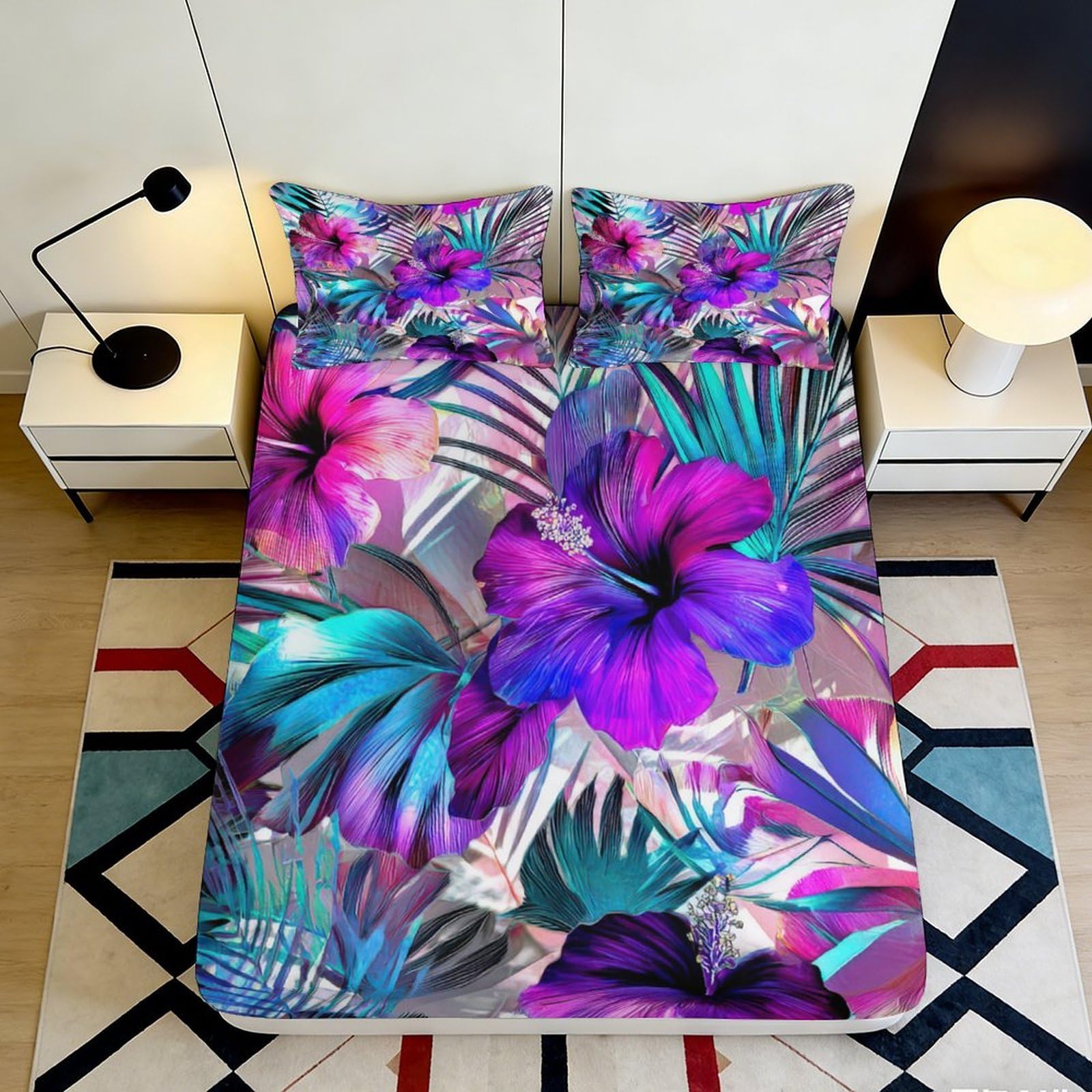3D Printed Tropical Hibiscus Fitted Sheet Microfiber Soft Vibrant Botanical Leaves Mattress Cover for Bedroom Guest Room Decor 90x200x25cm