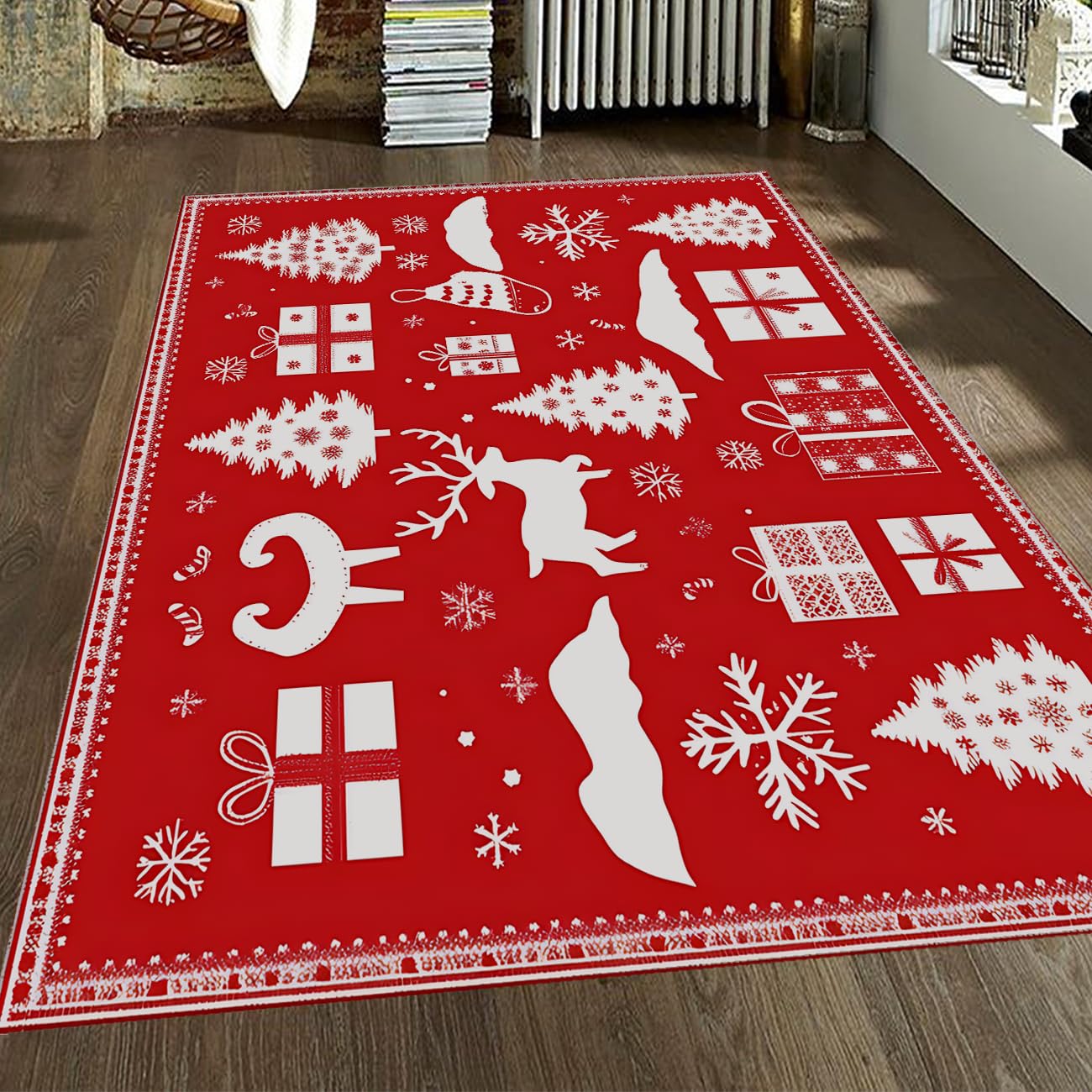 Tapis de Noël rouge pour partager la magie des fêtes en famille dans le salon