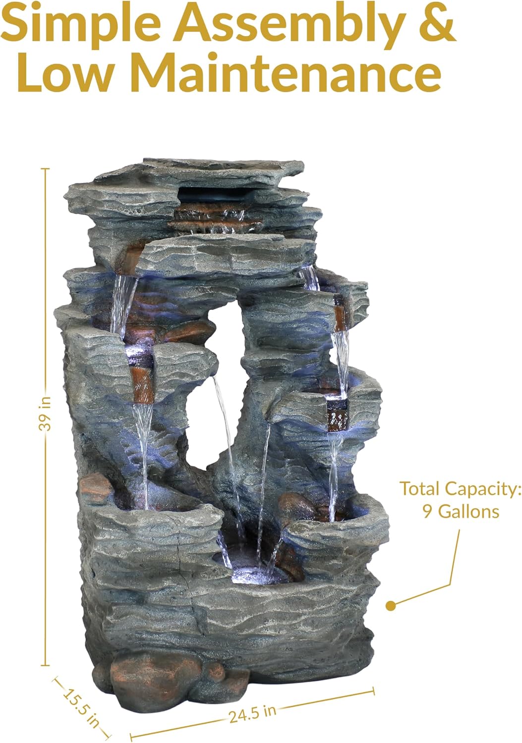 Sunnydaze Dual Cascading Rock Falls 39-Inch Outdoor Water Fountain with LED Lights - Electric Submersible Pump