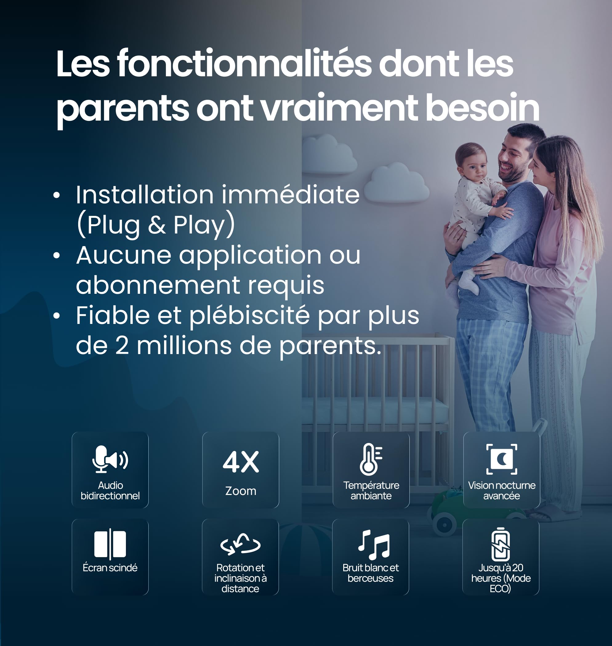 Babysense - Moniteur bébé Full HD écran partagé - Avec 2 caméras - Veilleuse en 6 couleurs - Bruit et machine à lumière - Batterie de 20 heures - Connexion sécurisée sans WiFi