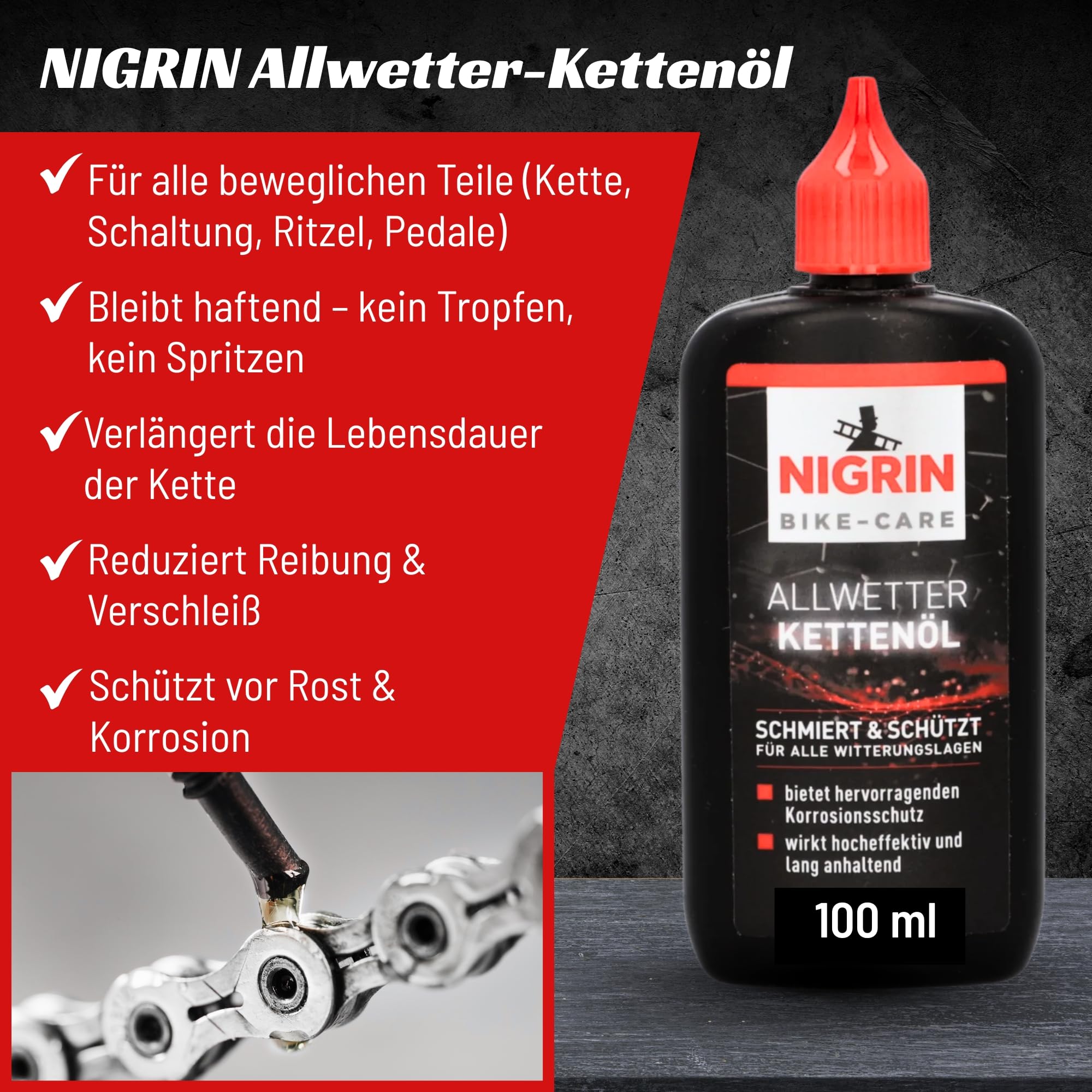 NIGRIN BIKE-CARE Lot de 6 huiles de chaîne toutes saisons 100 ml (6 x 100 ml) – Lubrifiant pour chaînes de vélo par tous temps – Réduit les frottements, protège contre la rouille, pour vélo électrique