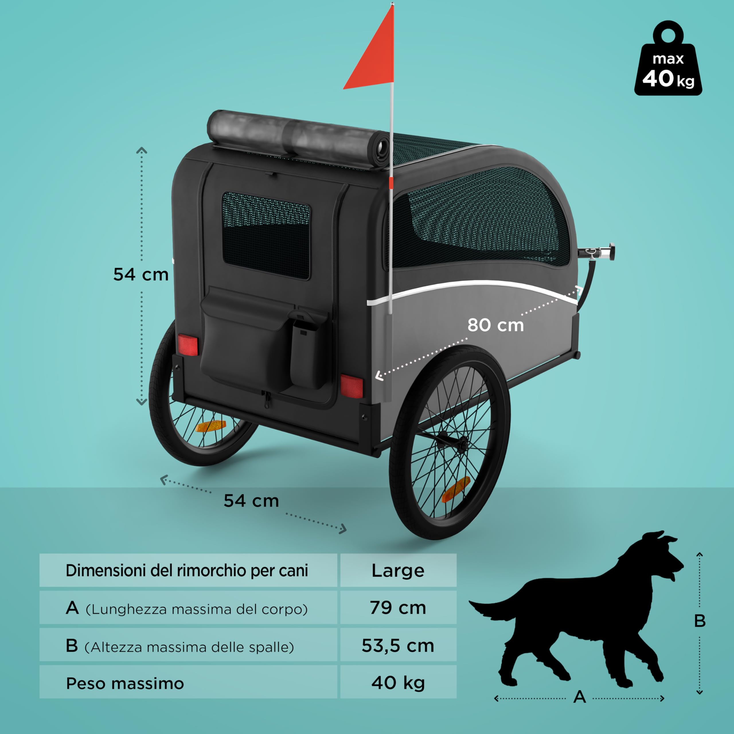 Rimorchio Bici Cani – Carrello per Cani Pieghevole fino a 40 kg – Carrello Bici per Cani con Gancio e Catarifrangenti – Carrello Cane – Rimorchio Cane – Compatibile con E-Bike