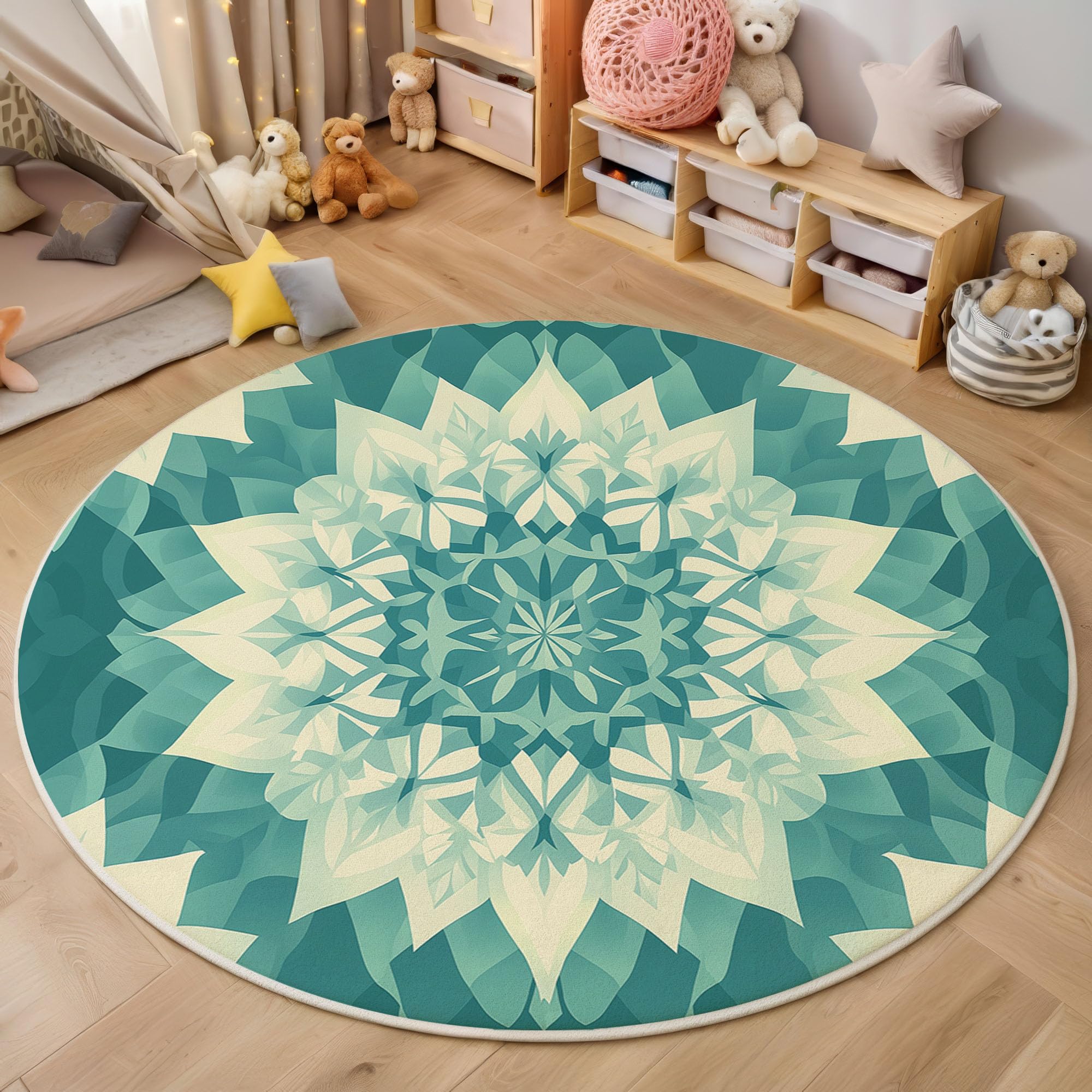Tapis Poil Ras Rond Art Géométrique Tapis Rond Mandala Doux et antidérapant - Lavable en Machine - pour Salon, Chambre à Coucher, Salle à Manger, 180cm, Bleu-Vert