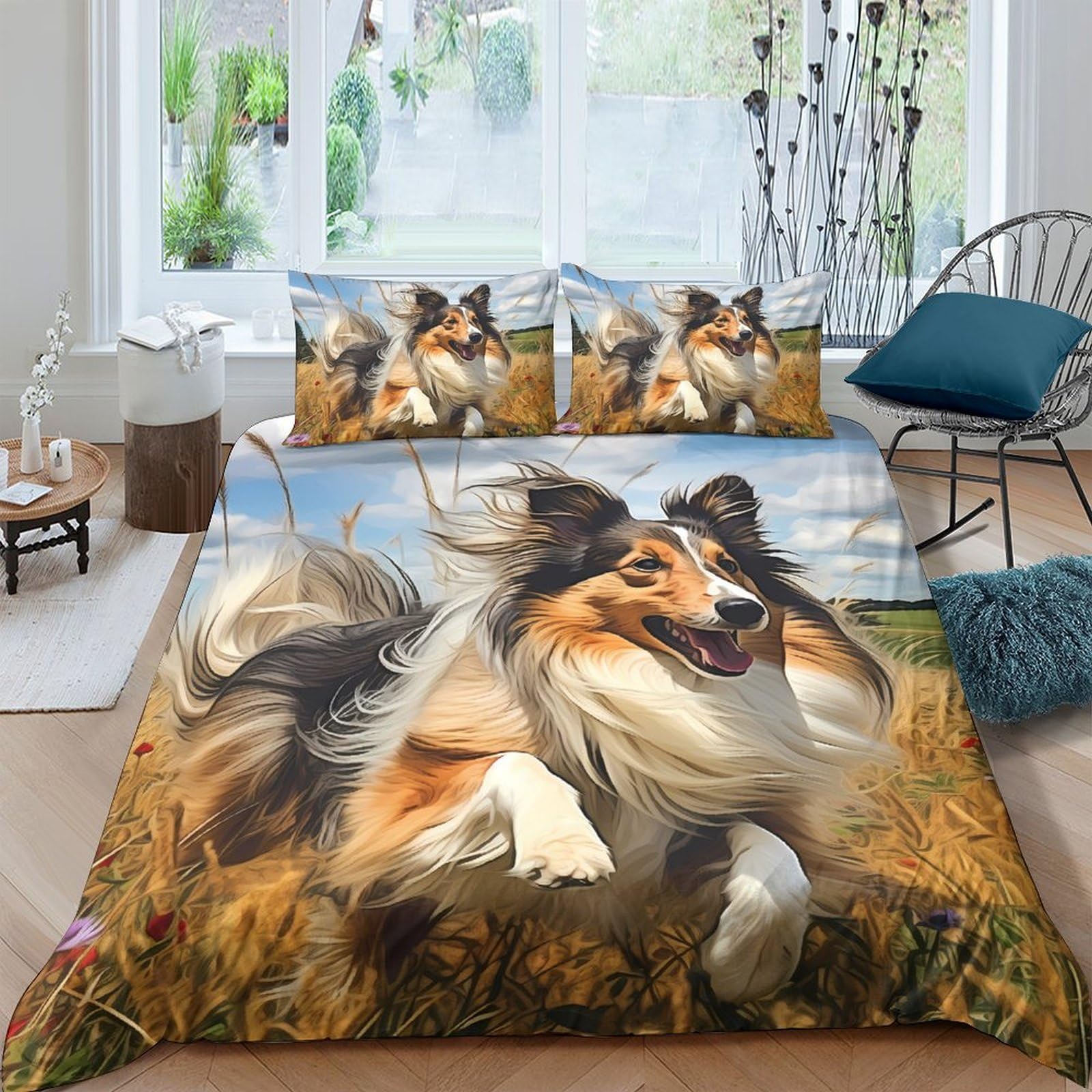 Ctjqhvkz Style-1 3D Printed Collie Dog Fitted Sheet Microfiber Soft Breathable Running Field Bed Cover For Bedroom Guest Room Decor Single（135X200cm）
