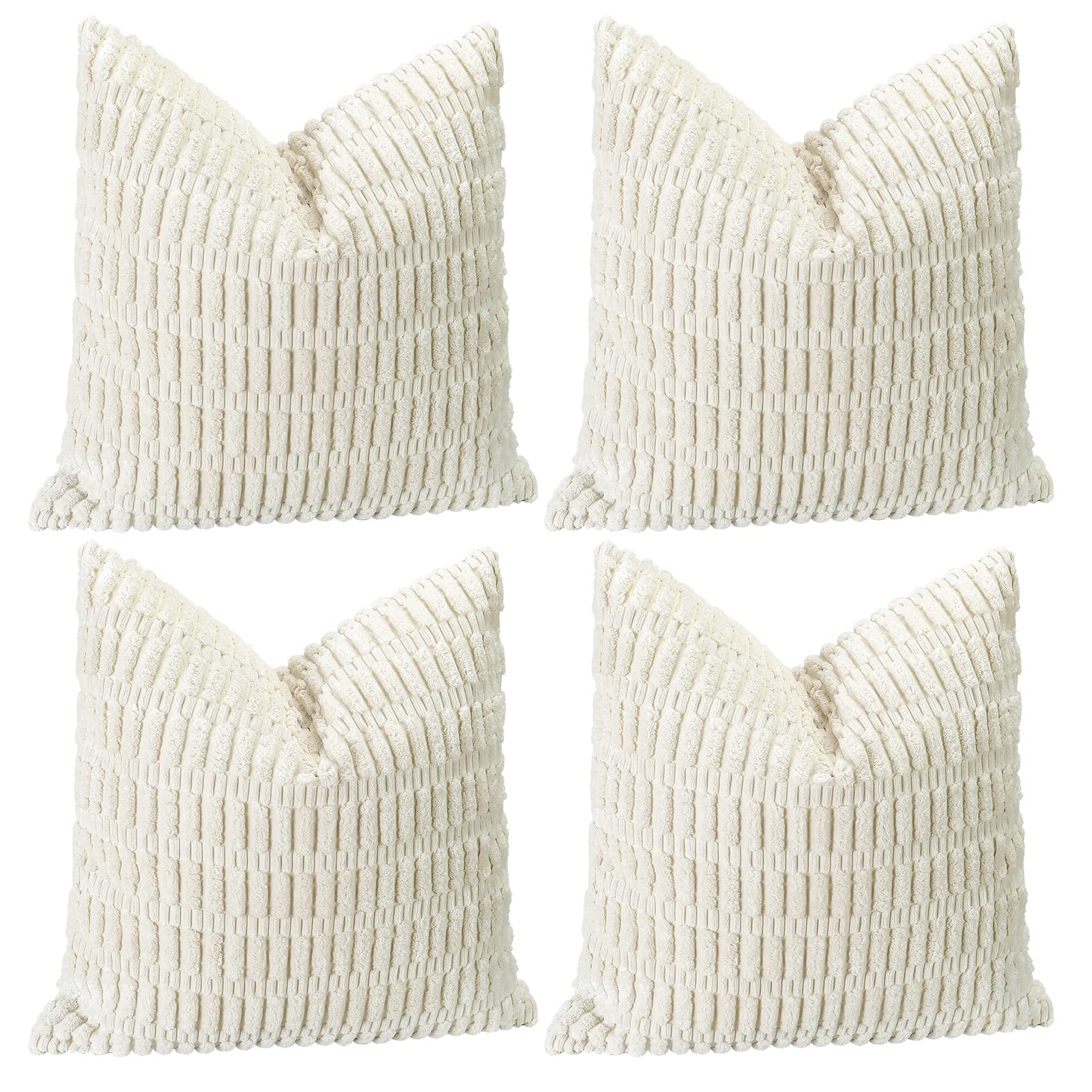 Sungeek Set of 4 Soft Corduroy Decorative Cushion Covers 40x40cm Square Striped Throw Pillow Covers 16x16 Inch for Sofa Couch Living Room Patio Farmhouse Boho Home Decor Pillowcases (Cream White)