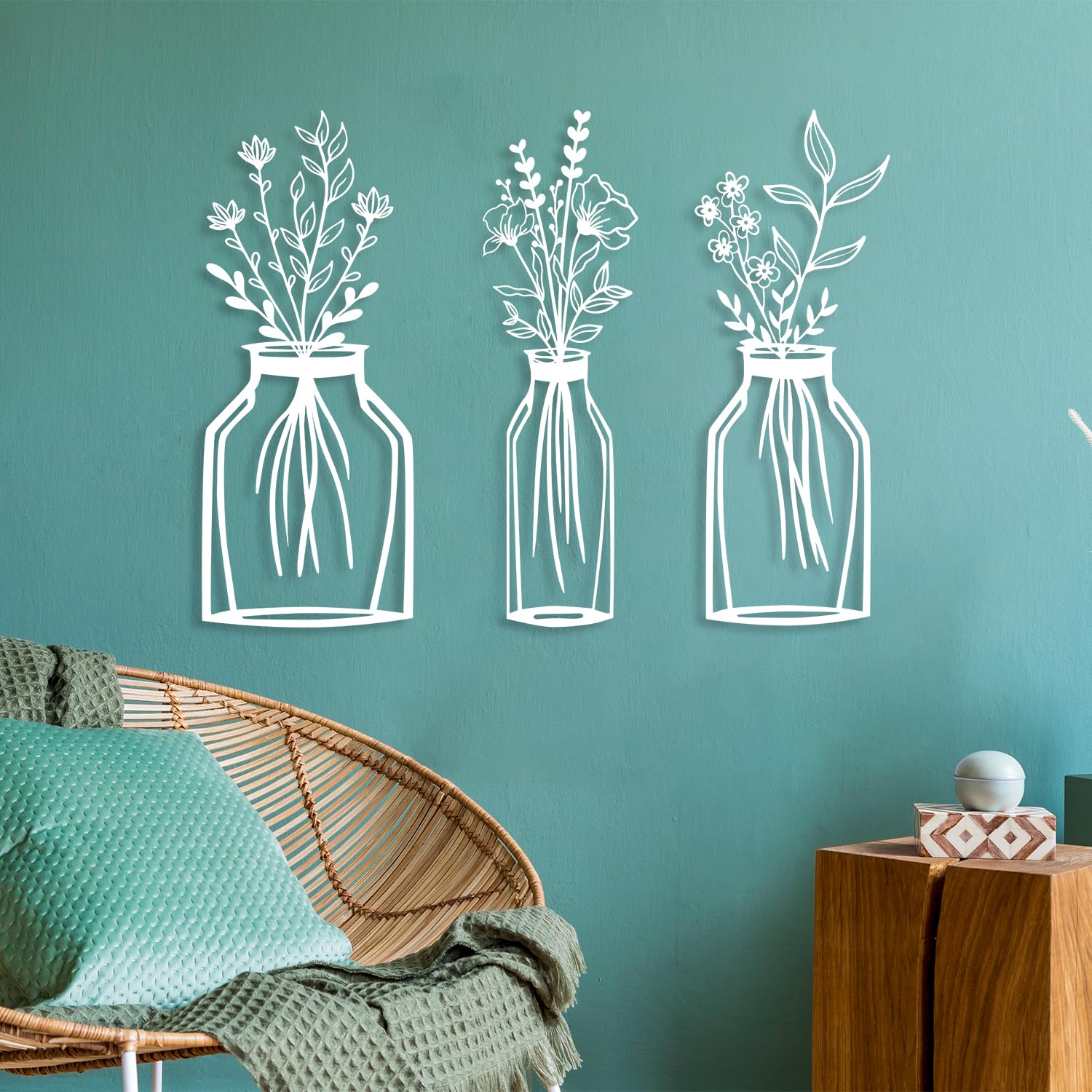 Spring Metal Wall Decor Set of 3, Unique Design Metal Flower Vase Art, Modern Kitchen Home Decor, Kitchen Wall Decor for Living Room, Minimalist