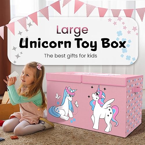 Miniatura 2 de ADDFIT HOUSE Cofre de juguetes de unicornio para niñas, caja de juguetes espaciosa y duradera con divisores extraíbles, fácil de montar, asas