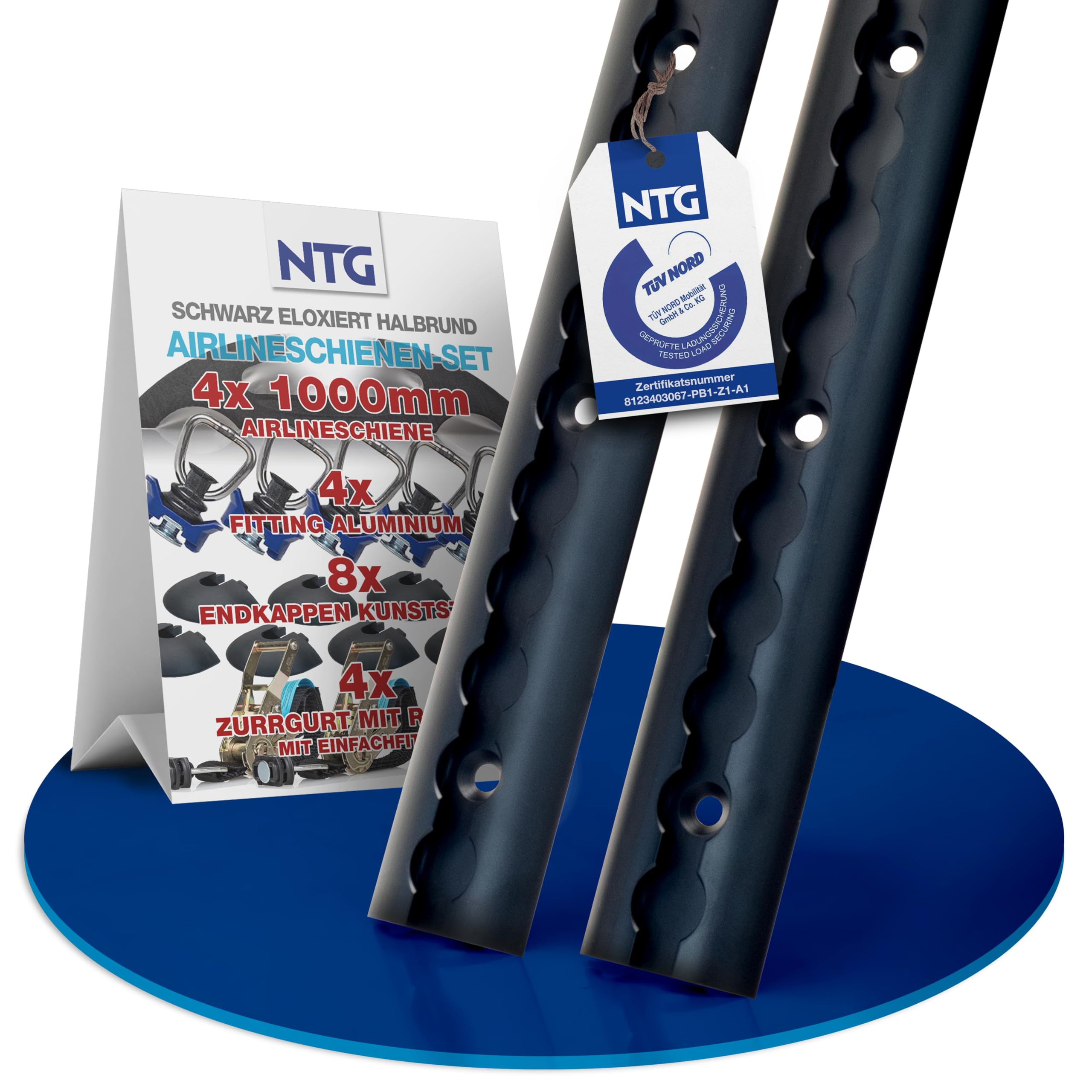 NTG Blackline aluminiowe szyny lotnicze, w zestawie ekonomicznym, nawiercone i anodowane na czarno, półokrągły kształt, 1 m, półokrągła szyna lotnicza do zabezpieczenia ładunku do samochodów