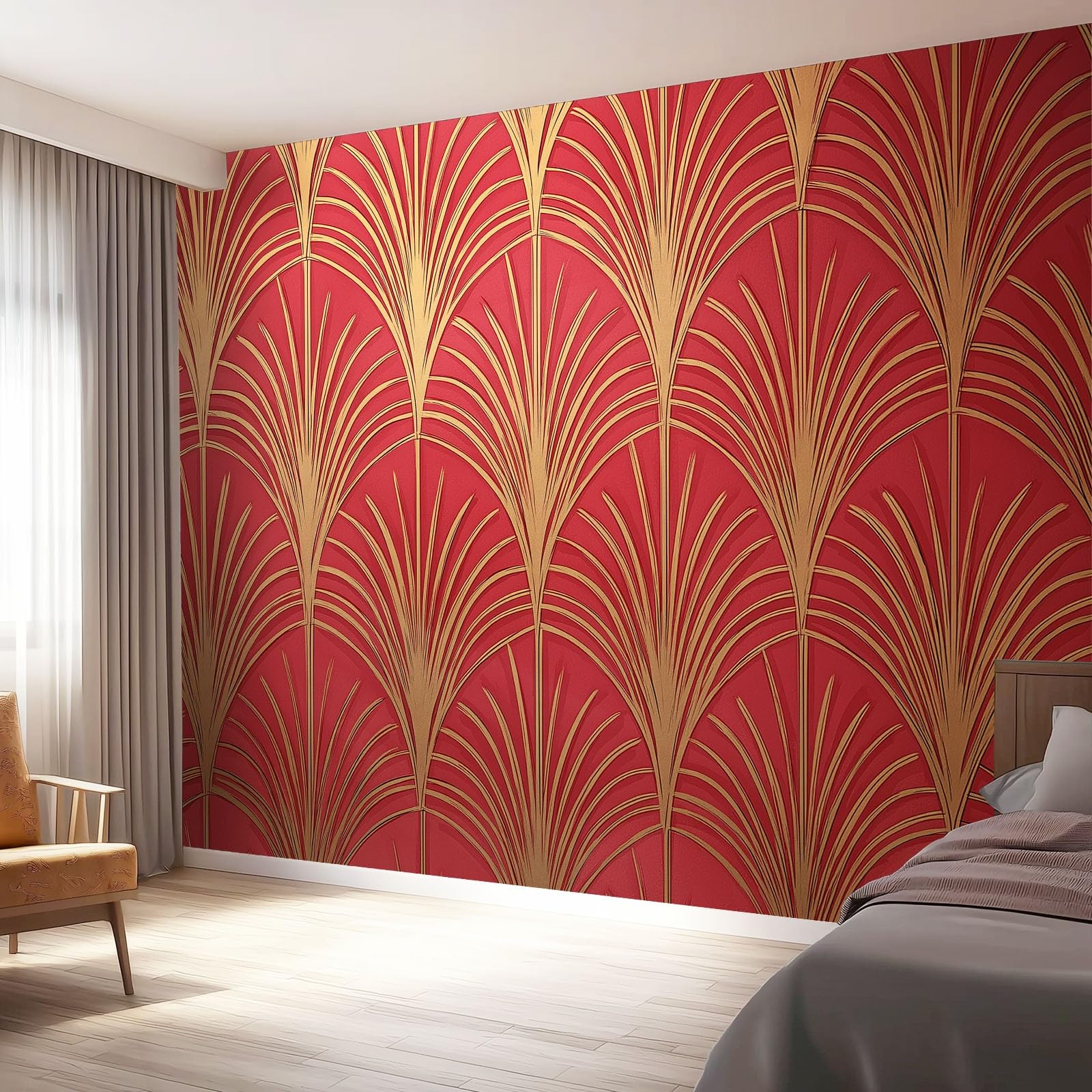 Nowoczesny mural ścienny tapeta z włókniny czerwone złoto - geometryczna tekstura w kształcie wachlarza elegancki design do salonu i sypialni, duża zdejmowana dekoracja ścienna, bez kleju, 350 x 256