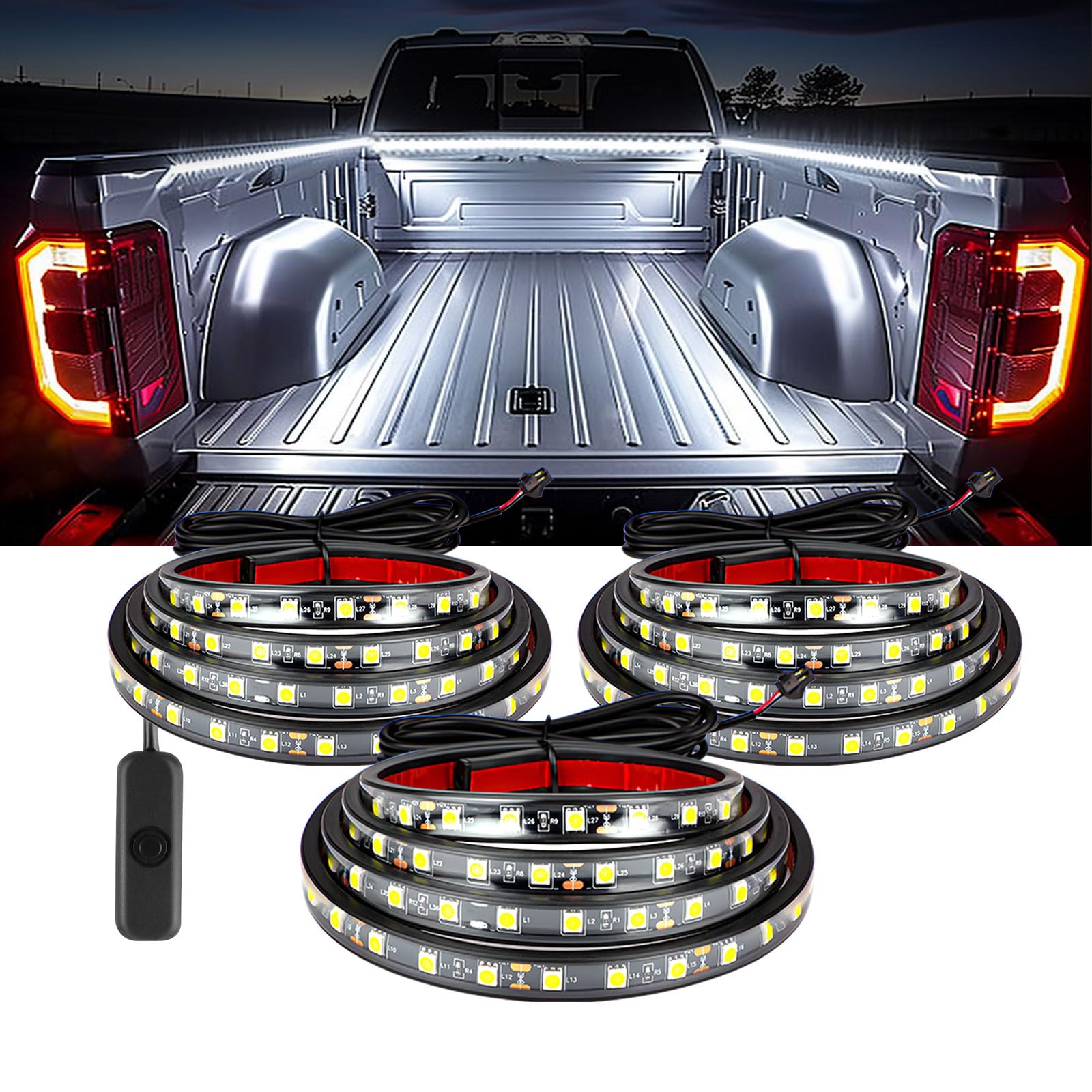 YUGUANG 3Pcs 60 Inch Truck Bed Lights, 6000K White Waterproof LED Truck Bed Lights Strip with On/Off Switch for Trucks, Cargo, Pickup, SUV