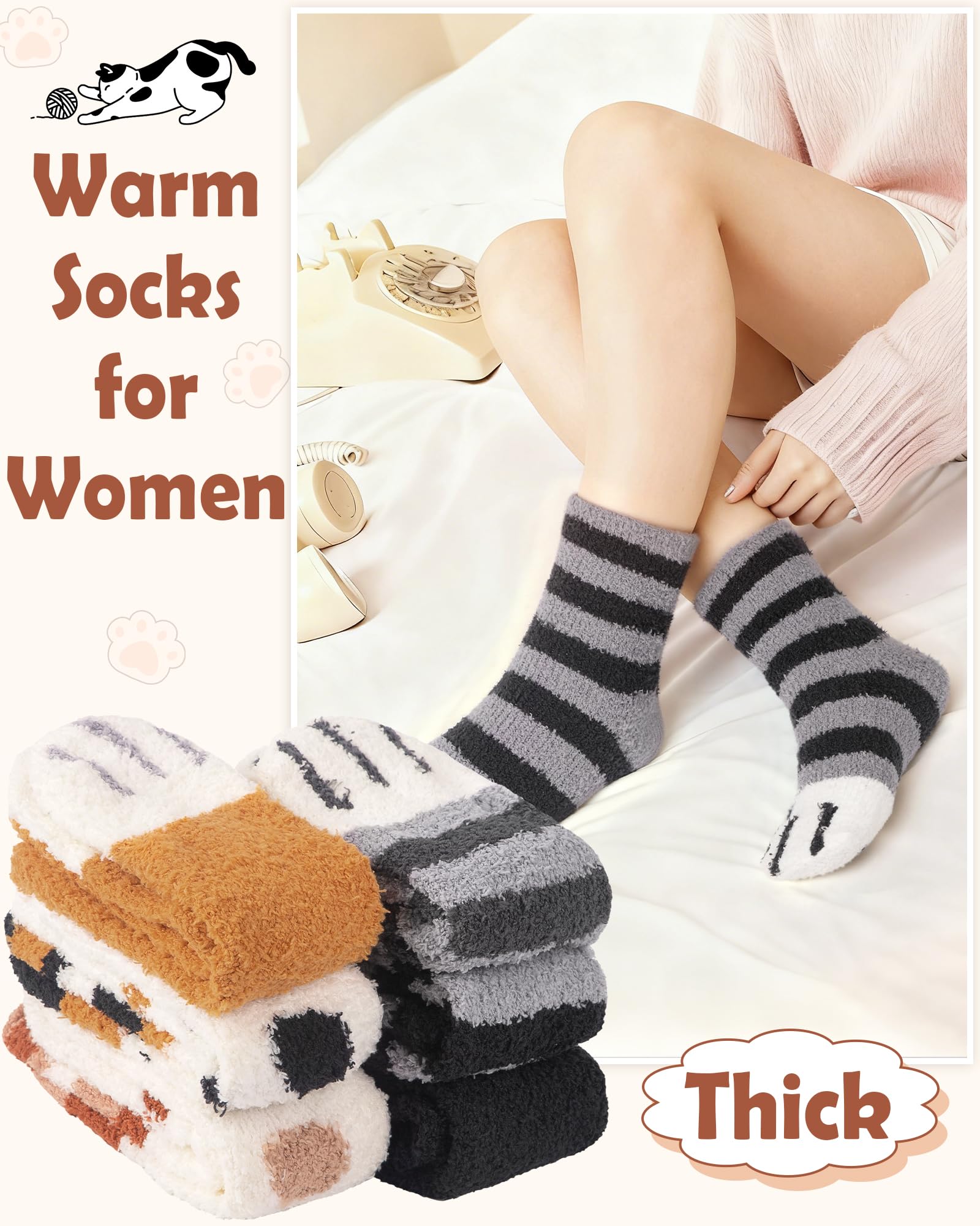 6 Pairs Womens Fuzzy Socks Winter Warm Soft Cozy Fluffy Microfiber House Sleeping Slipper Socks Christmas Gifts: A1-cat Socks